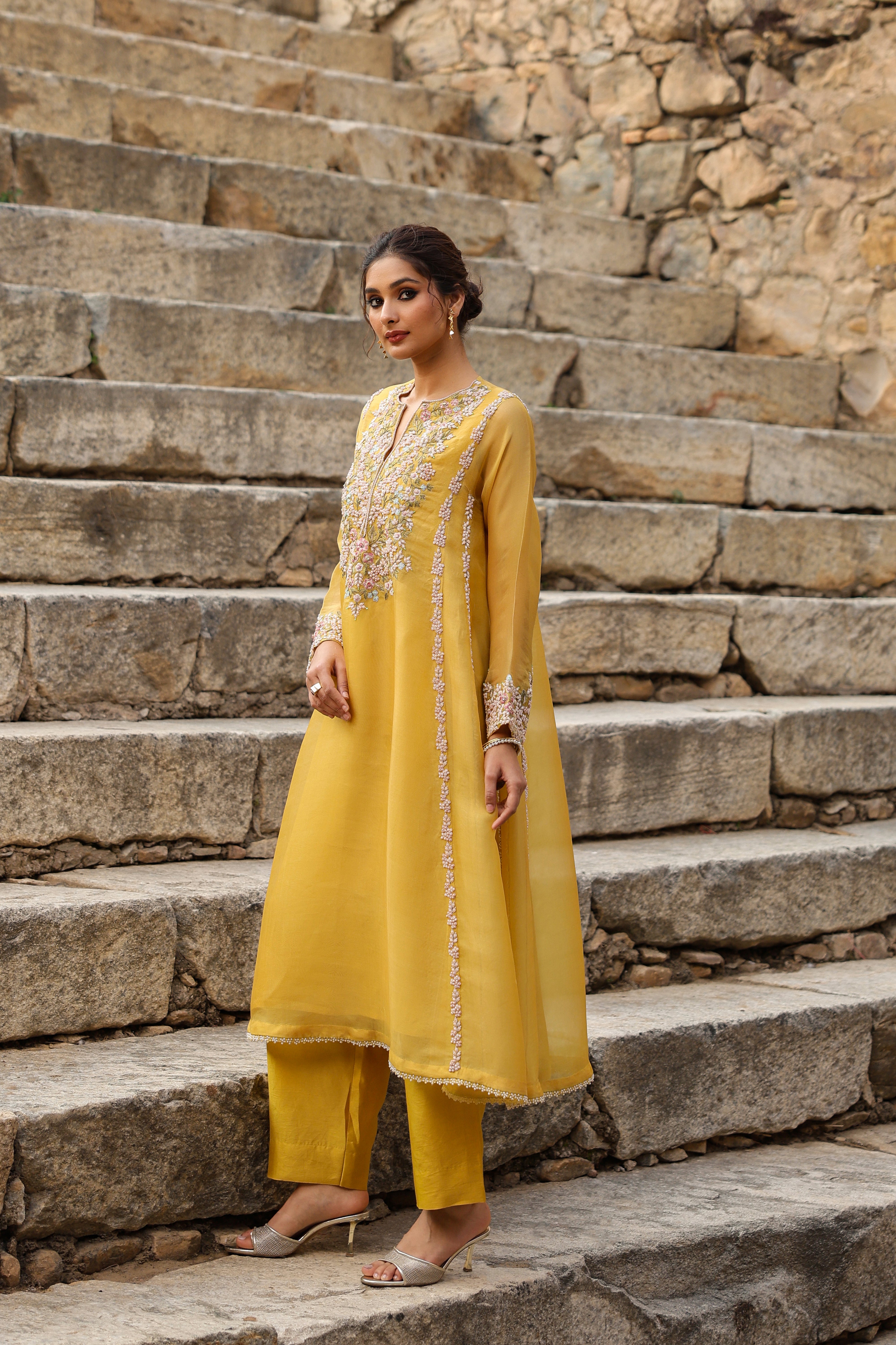 Vaayu Yellow Heavy Pheran Kurta Set