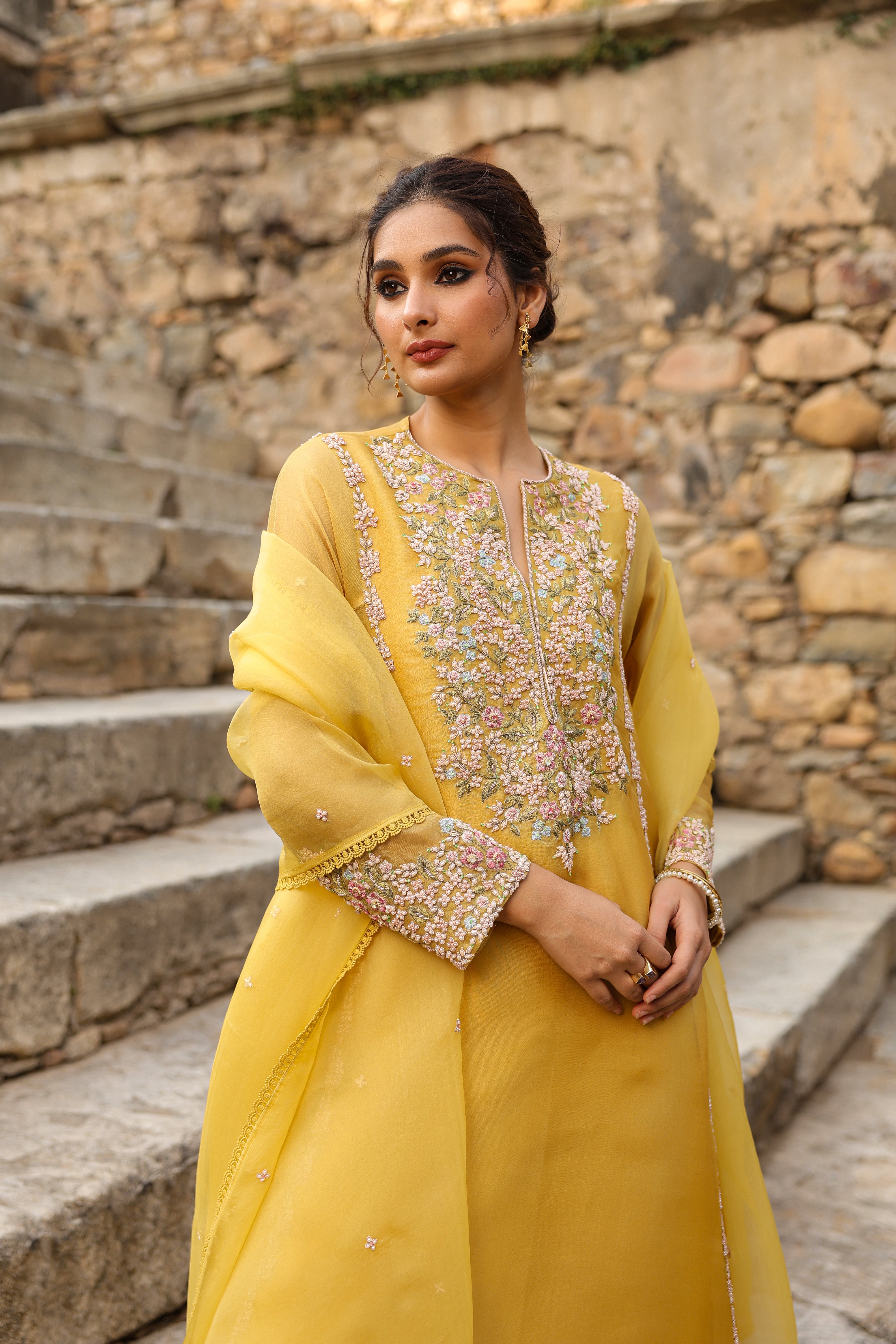Vaayu Yellow Heavy Pheran Kurta Set