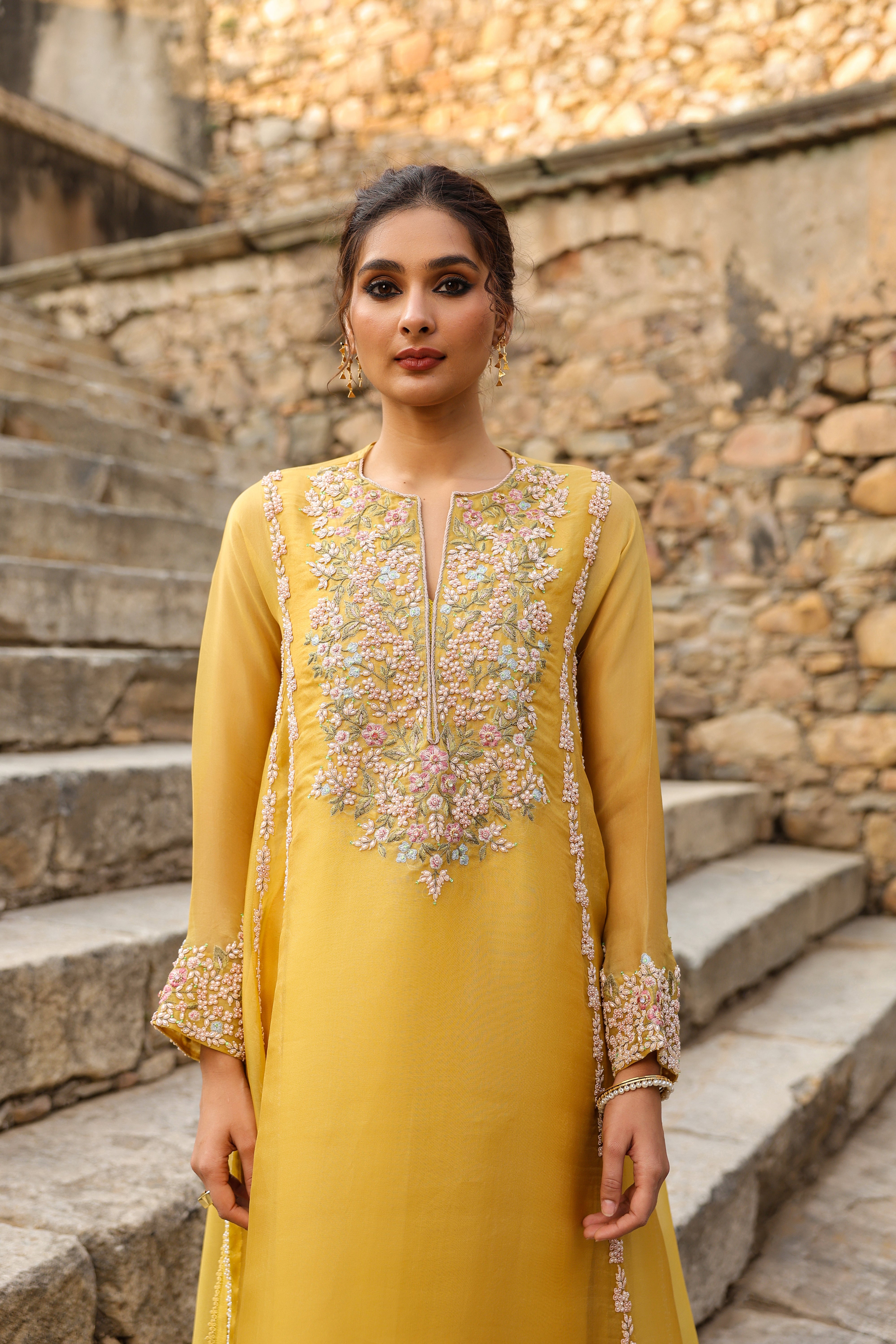 Vaayu Yellow Heavy Pheran Kurta Set