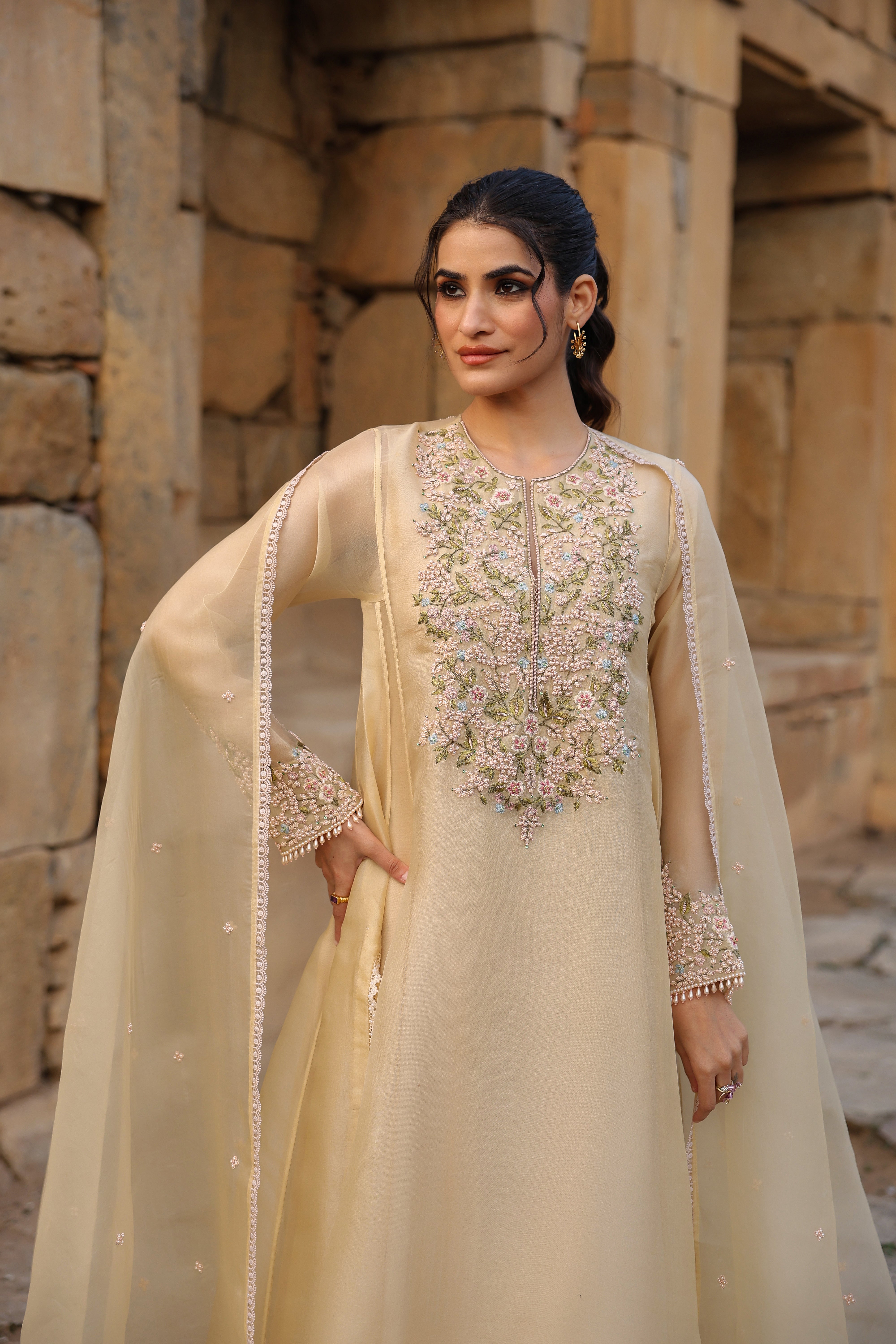 Vaayu Beige Pheran Kurta Set