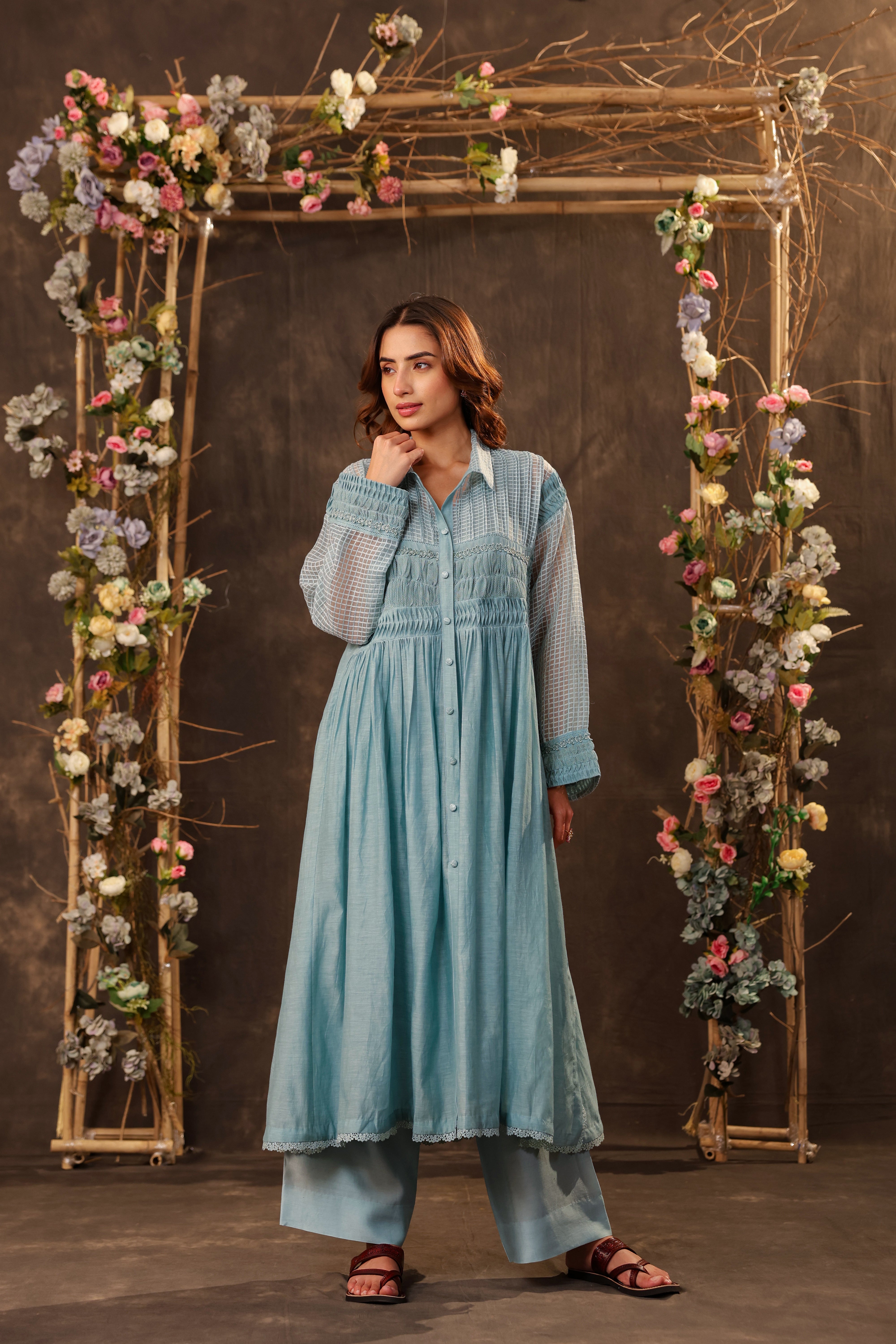 Vaayu Light Blue Pintuck Collar Kurta Set