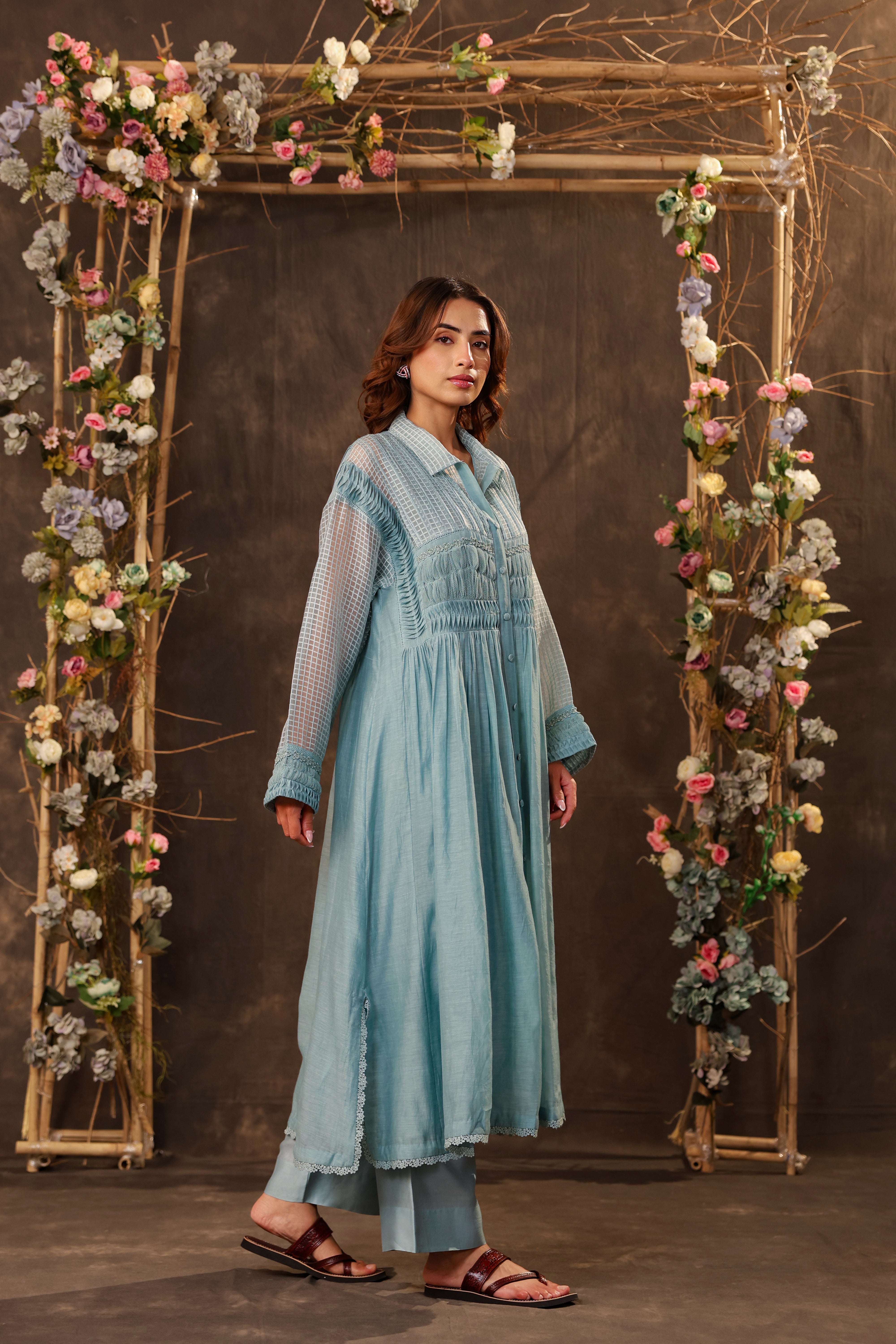 Vaayu Light Blue Pintuck Collar Kurta Set