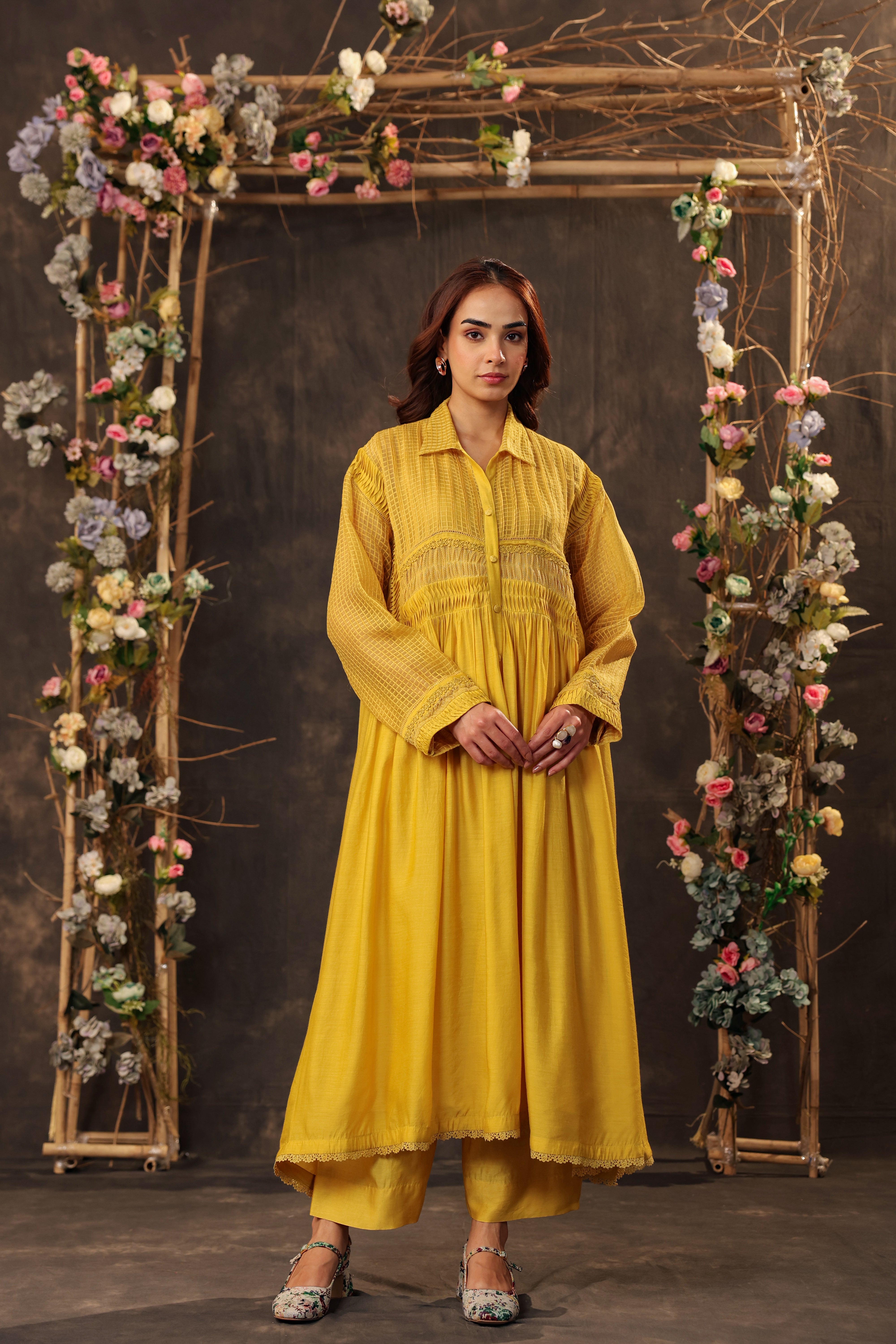 Vaayu Yellow Pintuck Collar Kurta Set