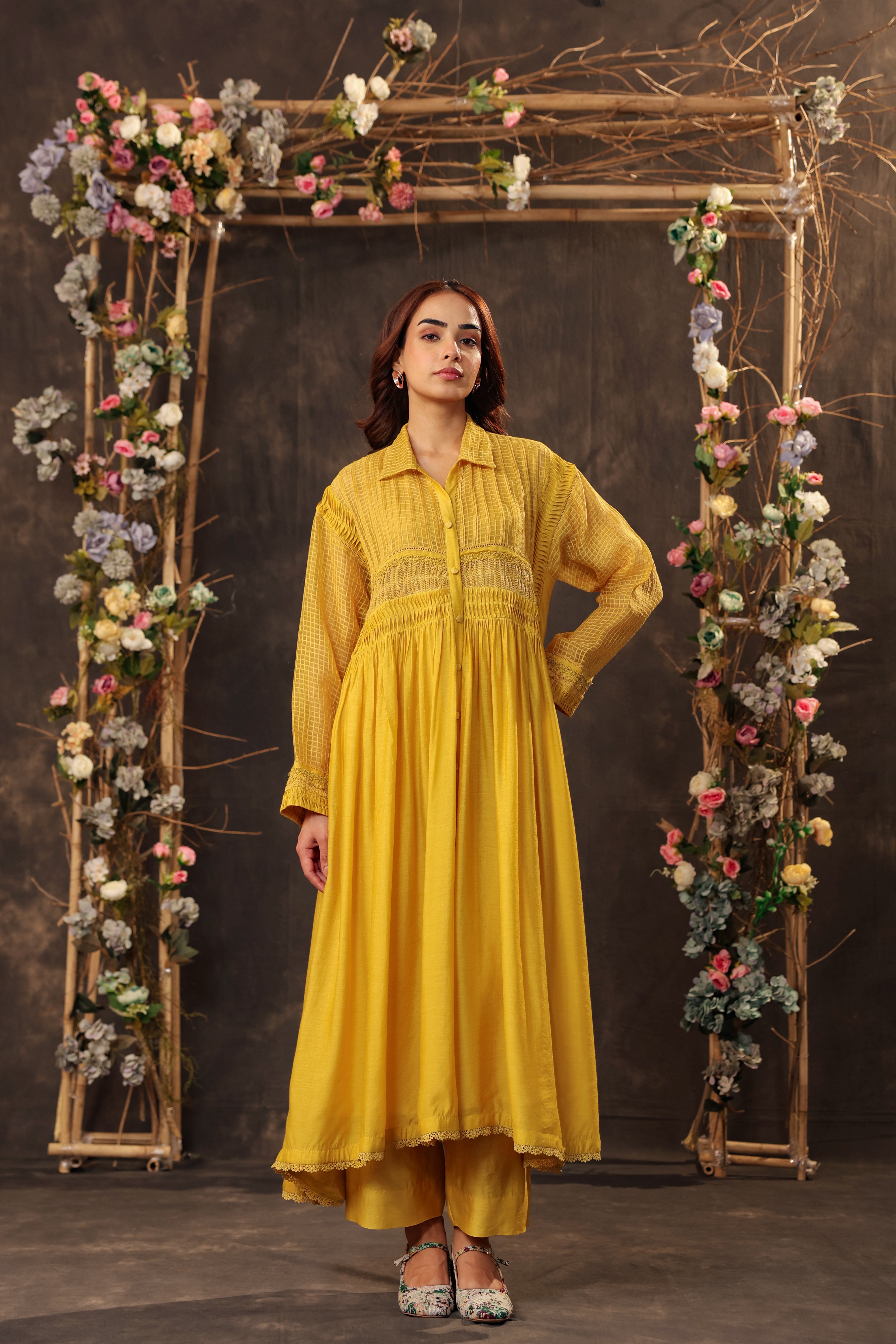 Vaayu Yellow Pintuck Collar Kurta Set