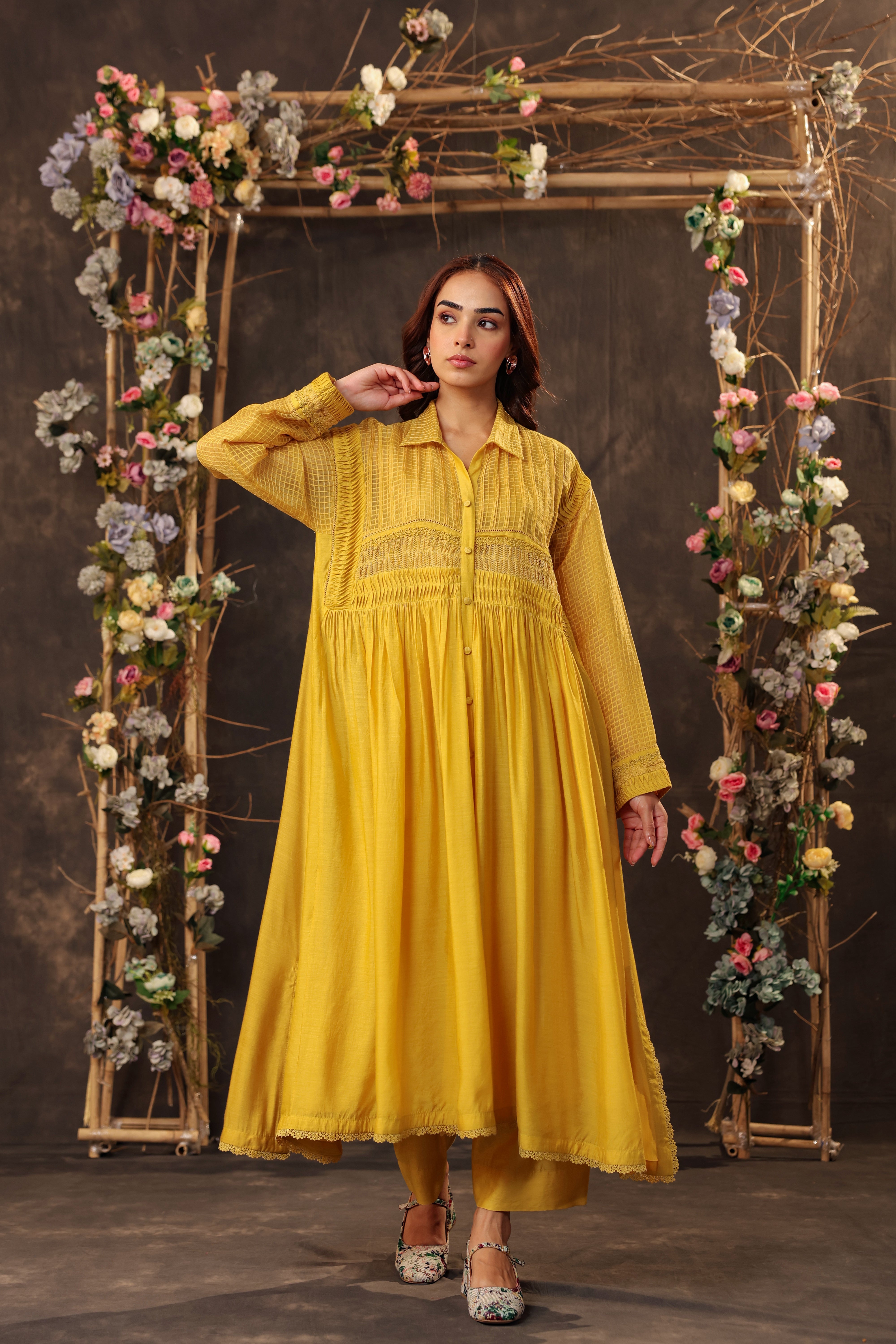 Vaayu Yellow Pintuck Collar Kurta Set