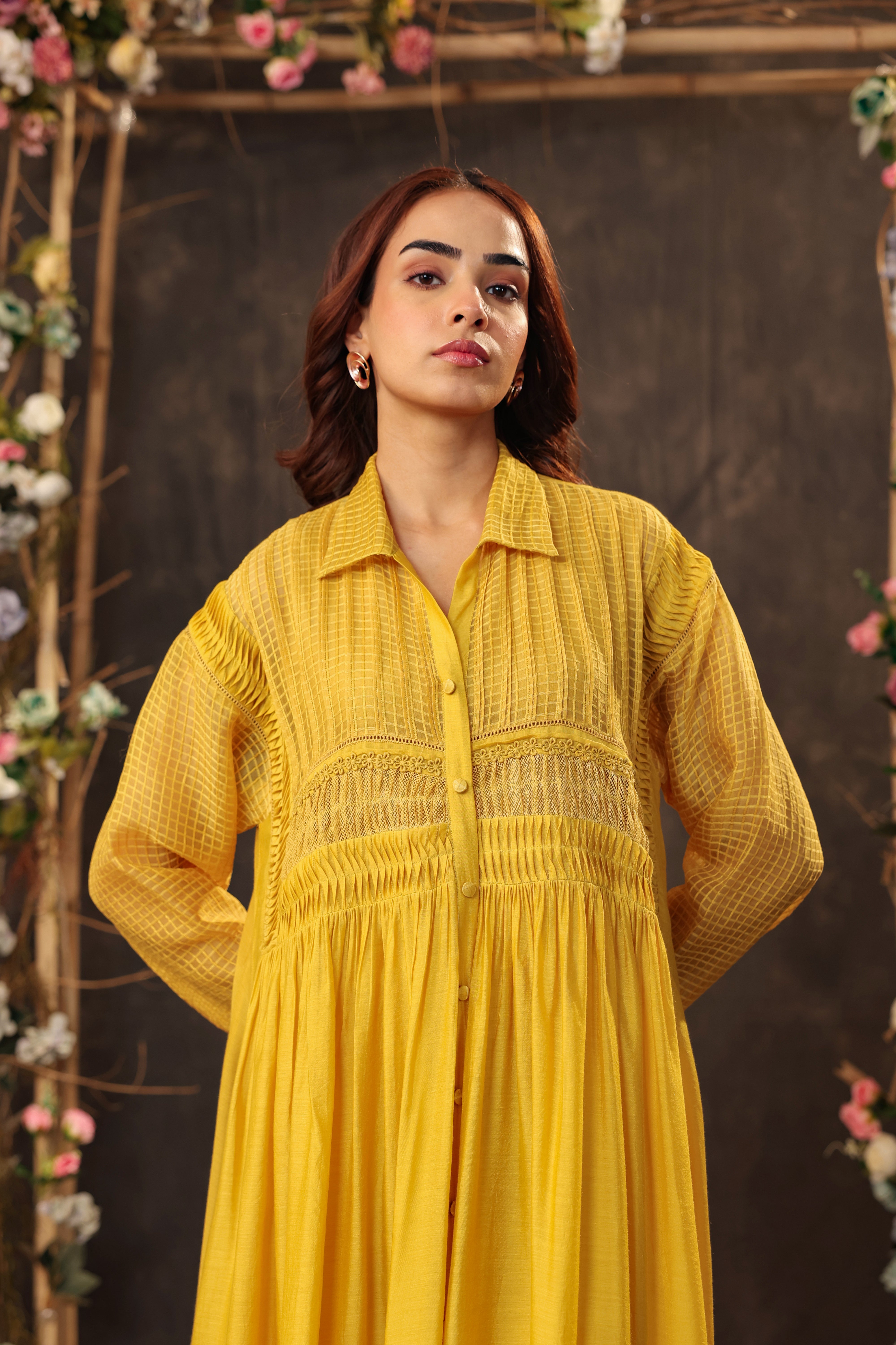 Vaayu Yellow Pintuck Collar Kurta Set