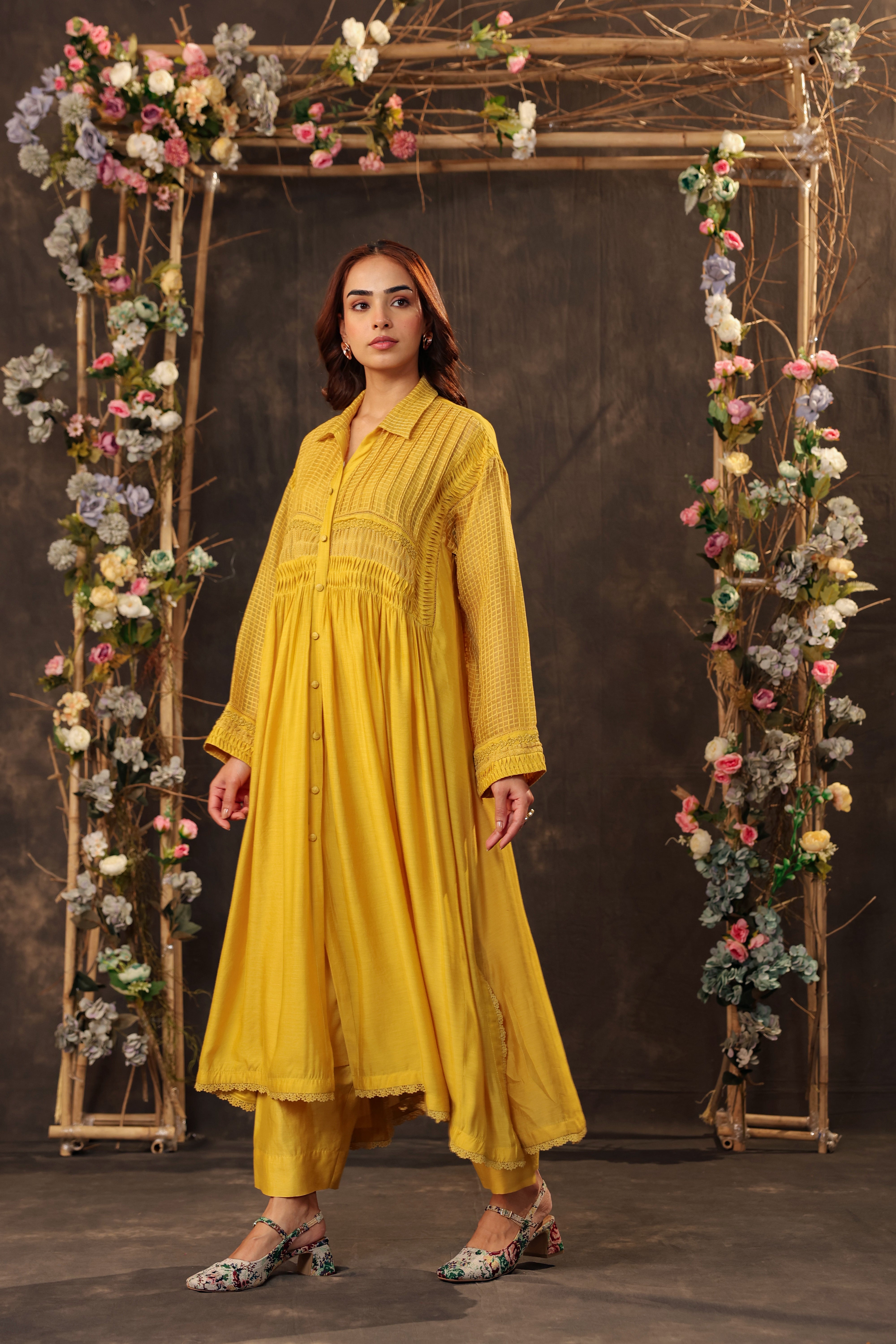Vaayu Yellow Pintuck Collar Kurta Set