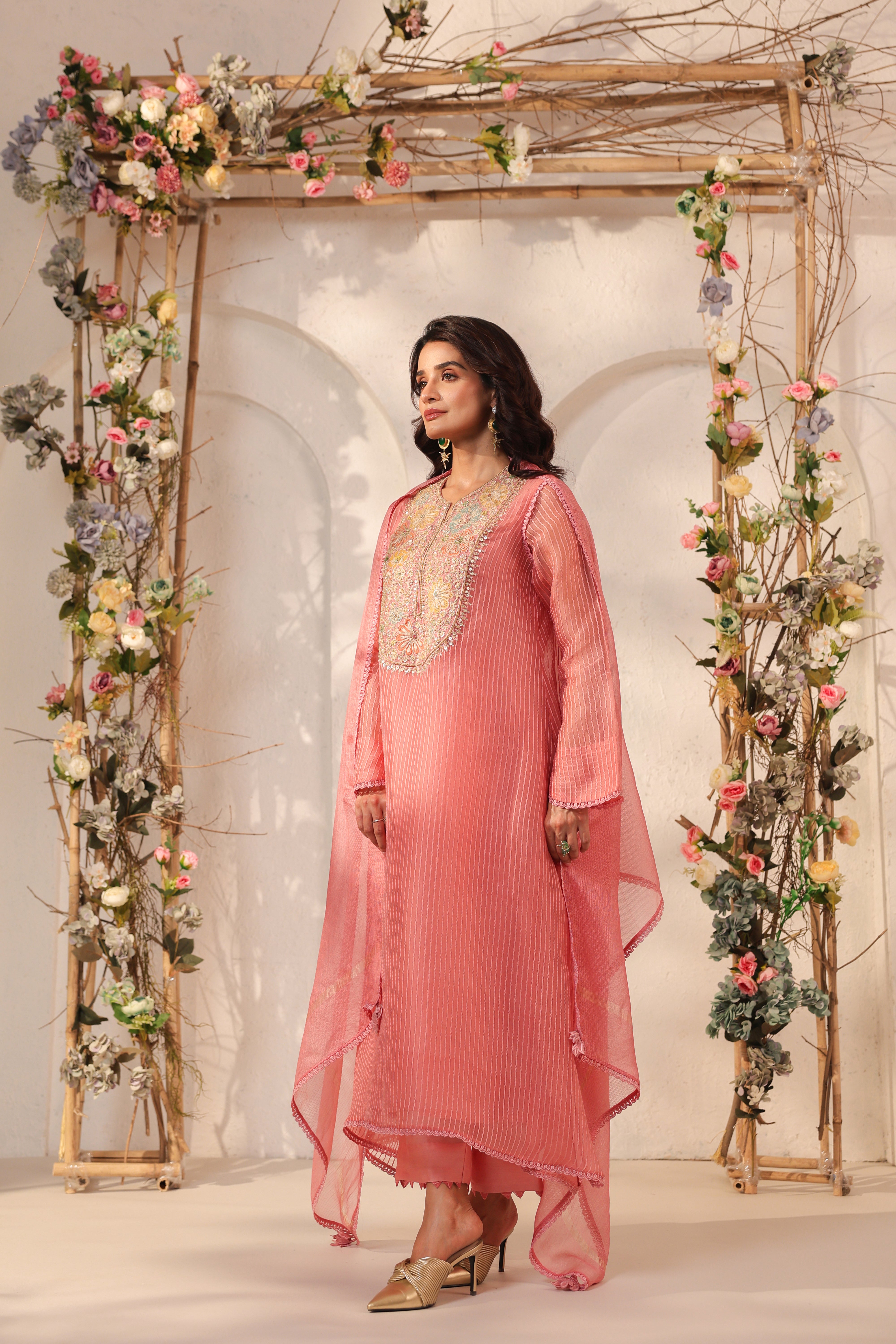 Vaayu Pink Applique Yoke Kurta Set