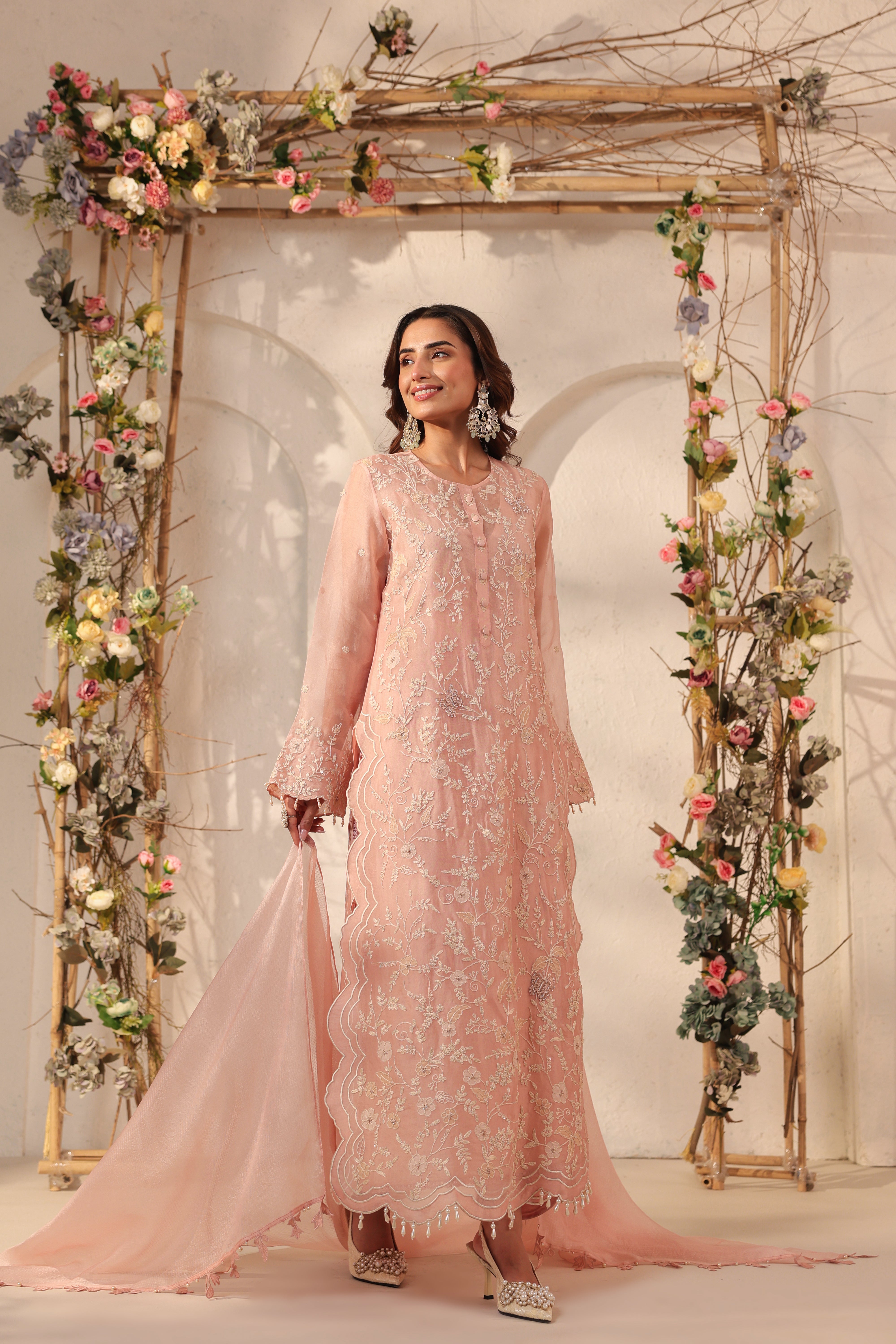 Vaayu Light Pink Heavy Jaal Scallop Kurta Set
