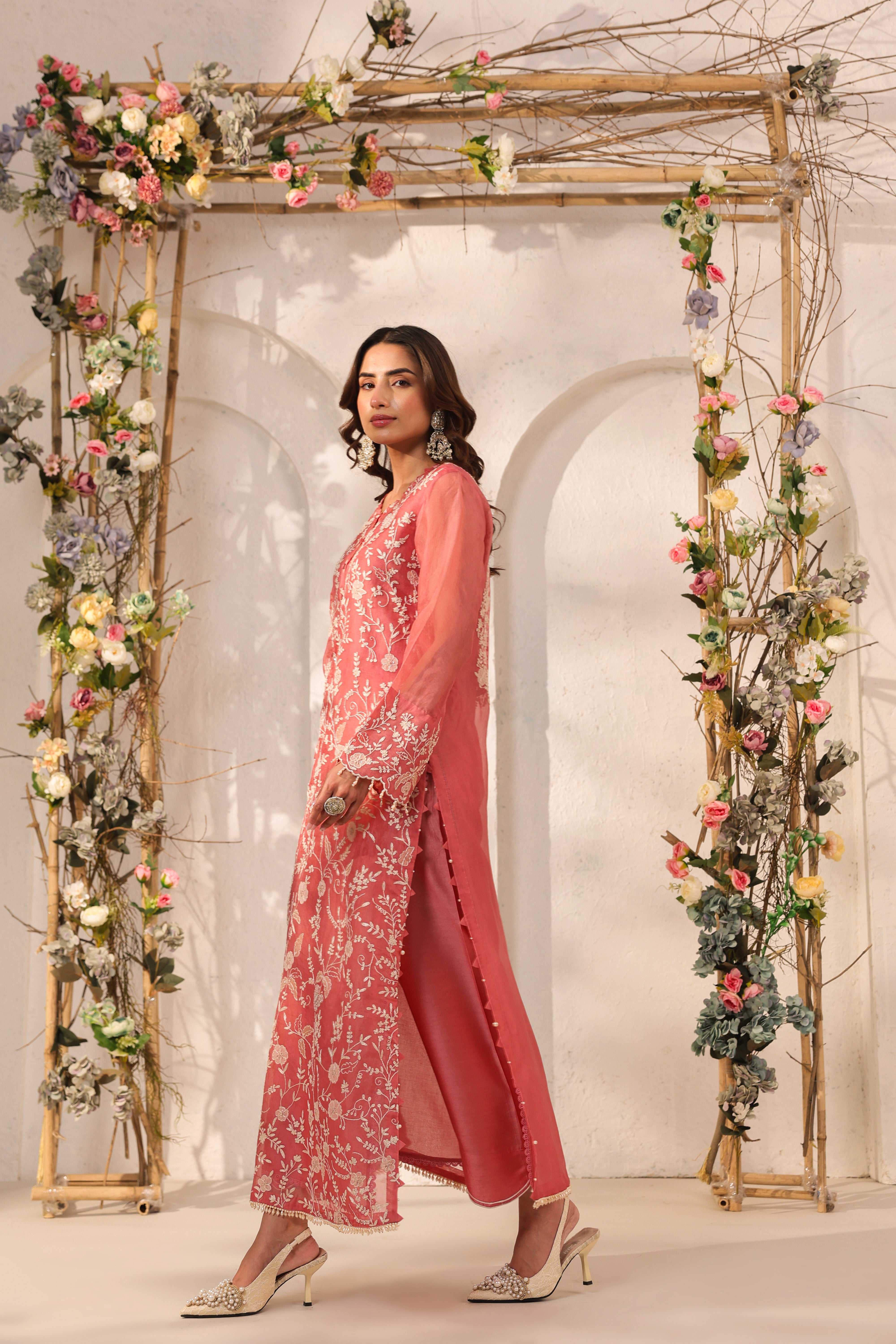 Vaayu Pink Heavy Jaal Kurta Set