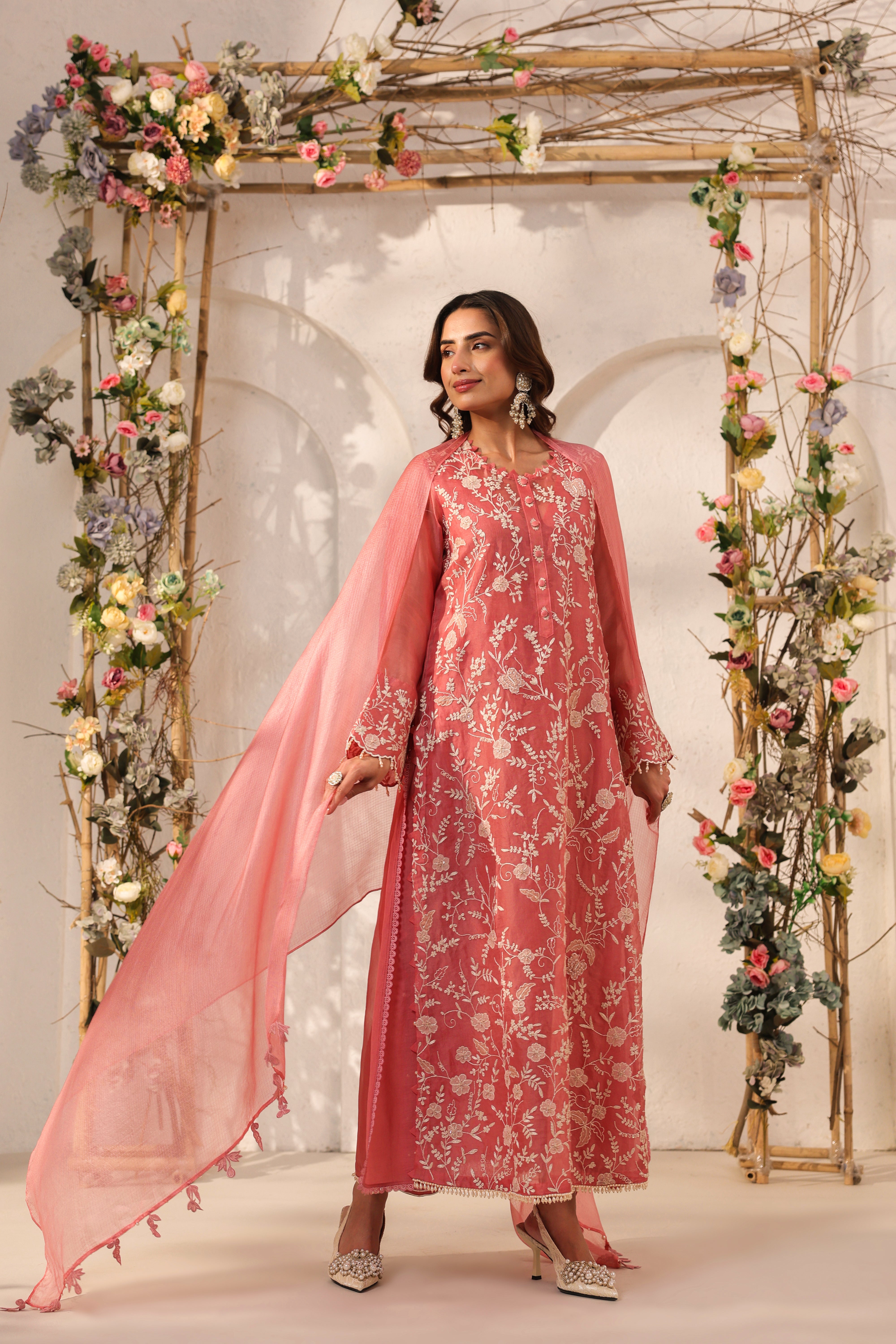 Vaayu Pink Heavy Jaal Kurta Set