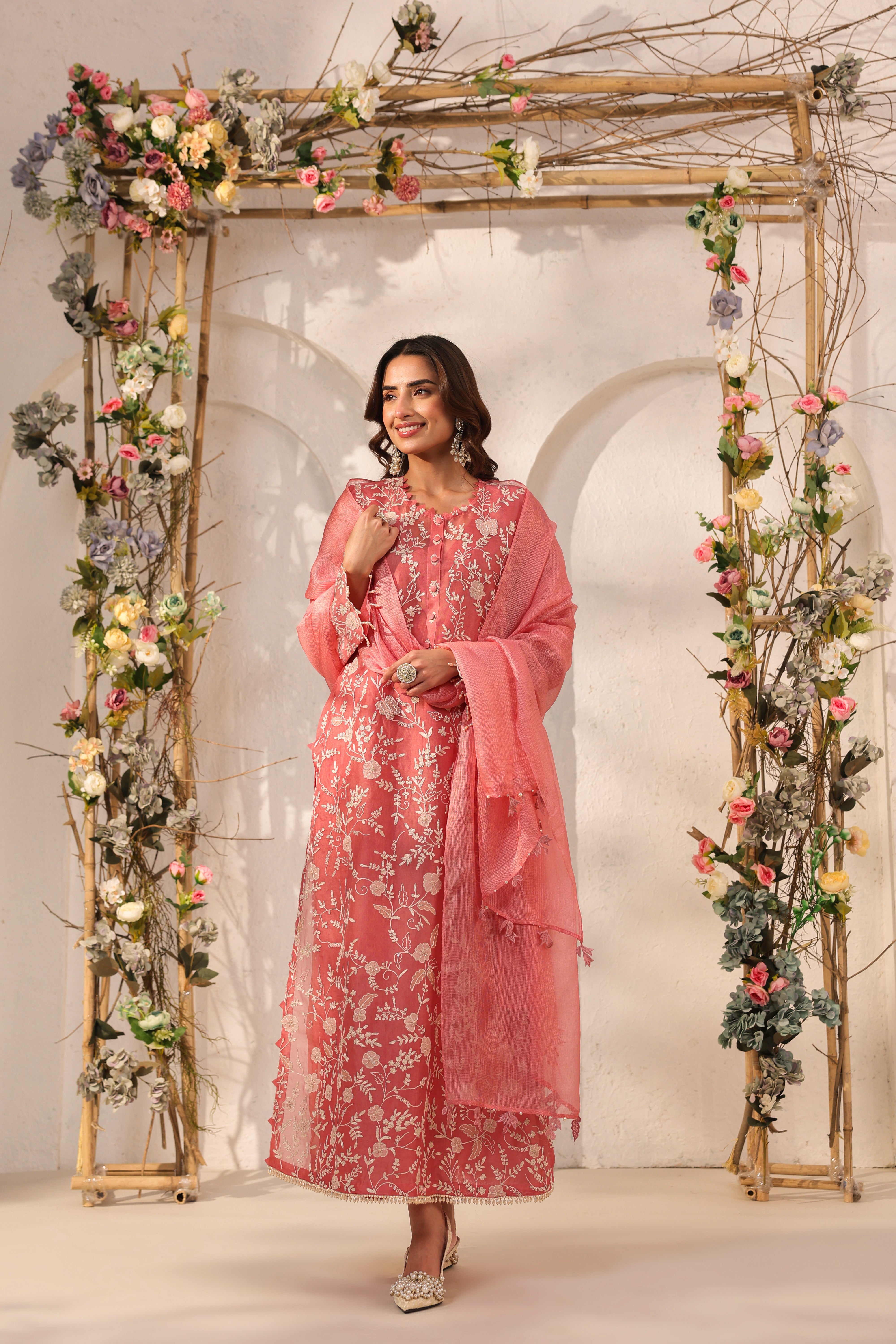 Vaayu Pink Heavy Jaal Kurta Set