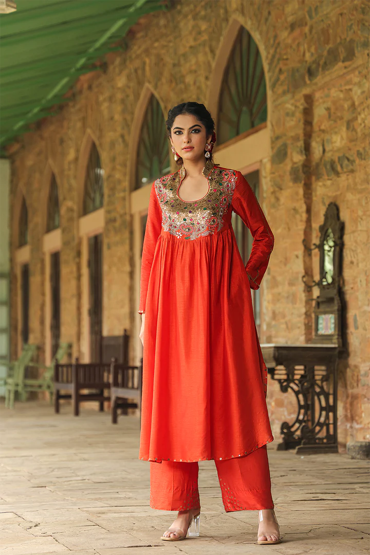 Orange Zardozi Paisley Matka Neck (Chunnat)