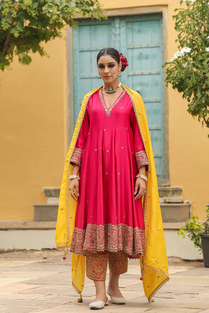Pink and Yellow Bird Embroidered Kalidar
