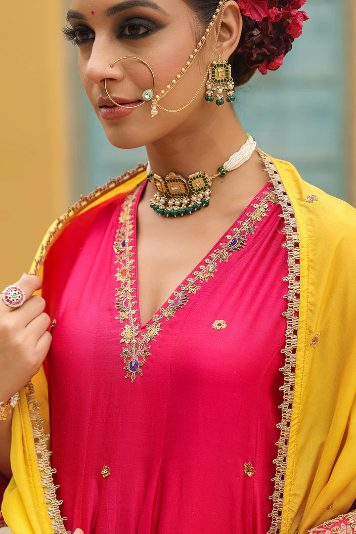 Pink and Yellow Bird Embroidered Kalidar