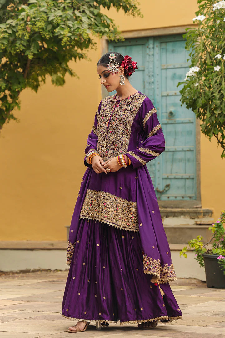 Purple Bird Embroidered Banarasi Sharara Set