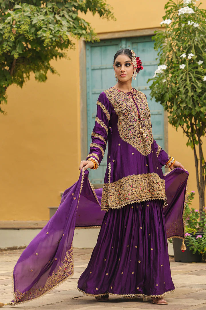 Purple Bird Embroidered Banarasi Sharara Set