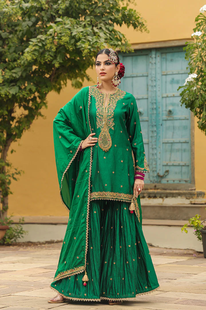 Green Light Embroideried Bird Sharara Set