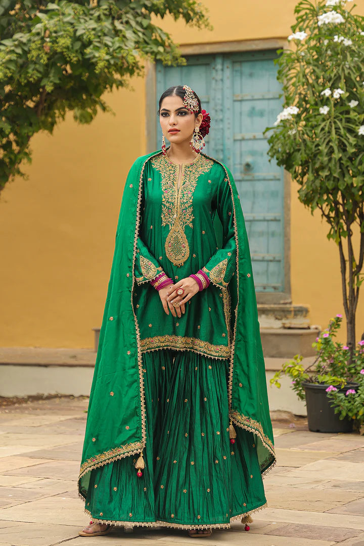 Green Light Embroideried Bird Sharara Set