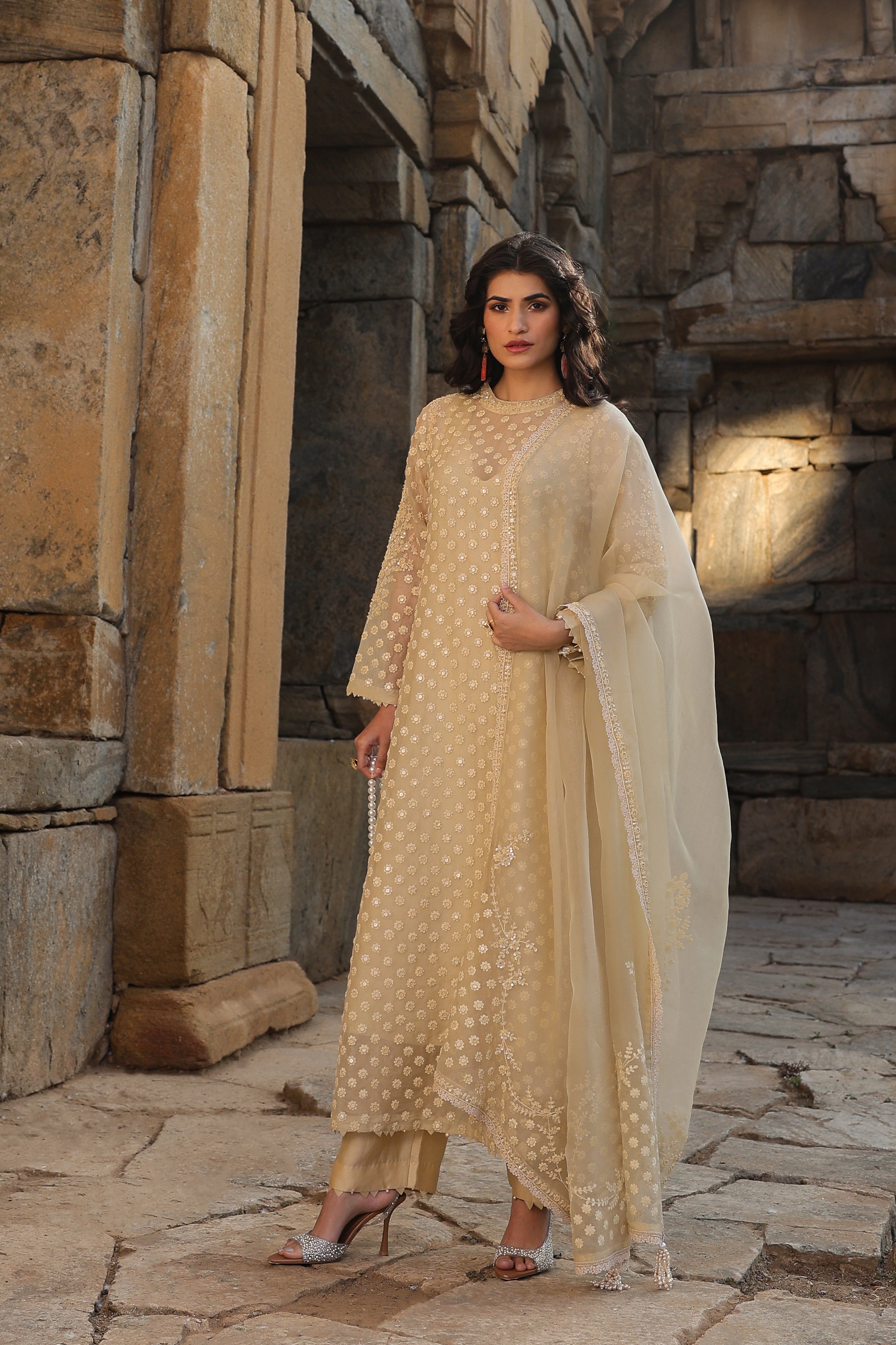 Vaayu Beige Buti Close Neck Kurta Set