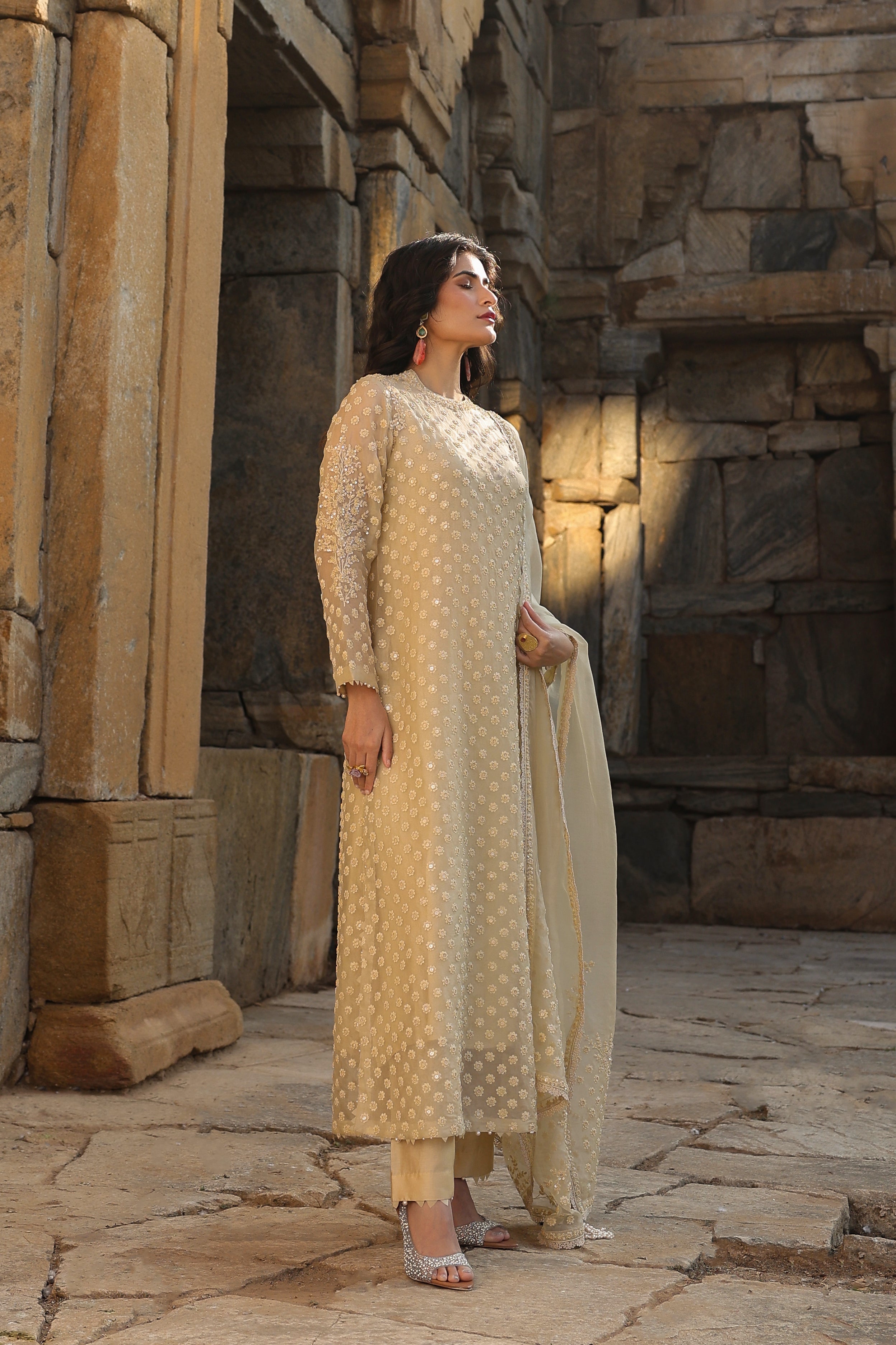 Vaayu Beige Buti Close Neck Kurta Set