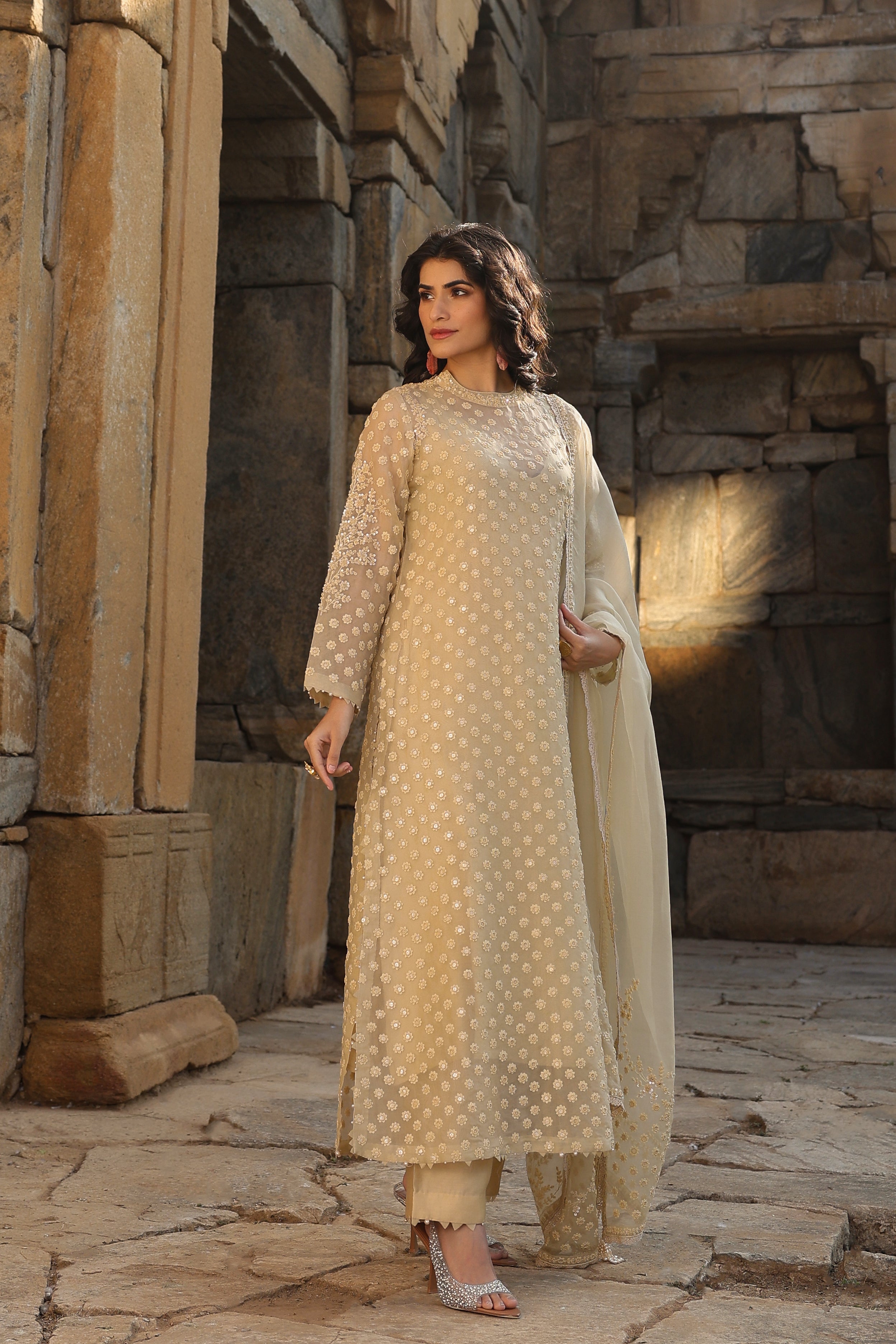 Vaayu Beige Buti Close Neck Kurta Set