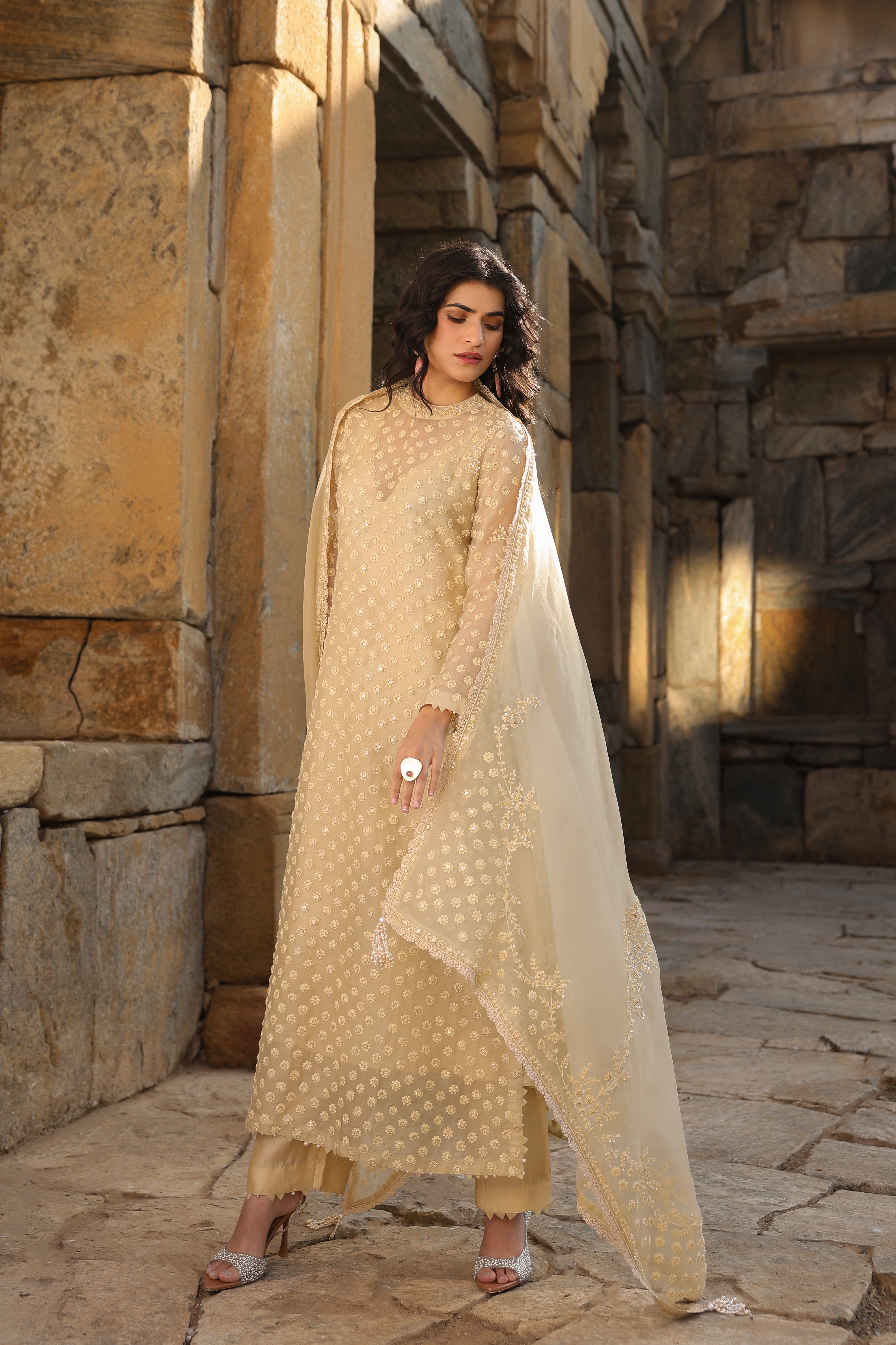 Vaayu Beige Buti Close Neck Kurta Set