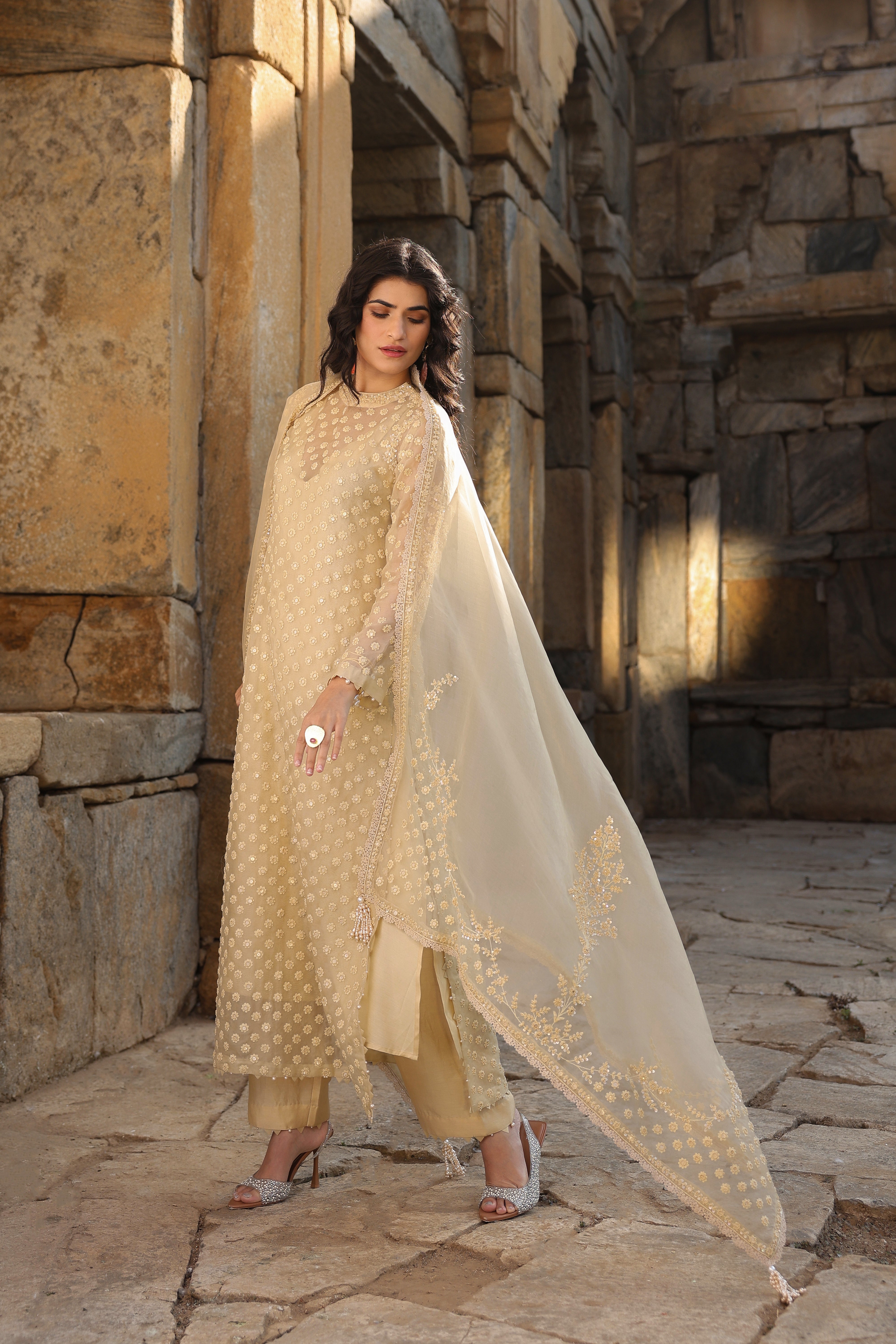 Vaayu Beige Buti Close Neck Kurta Set