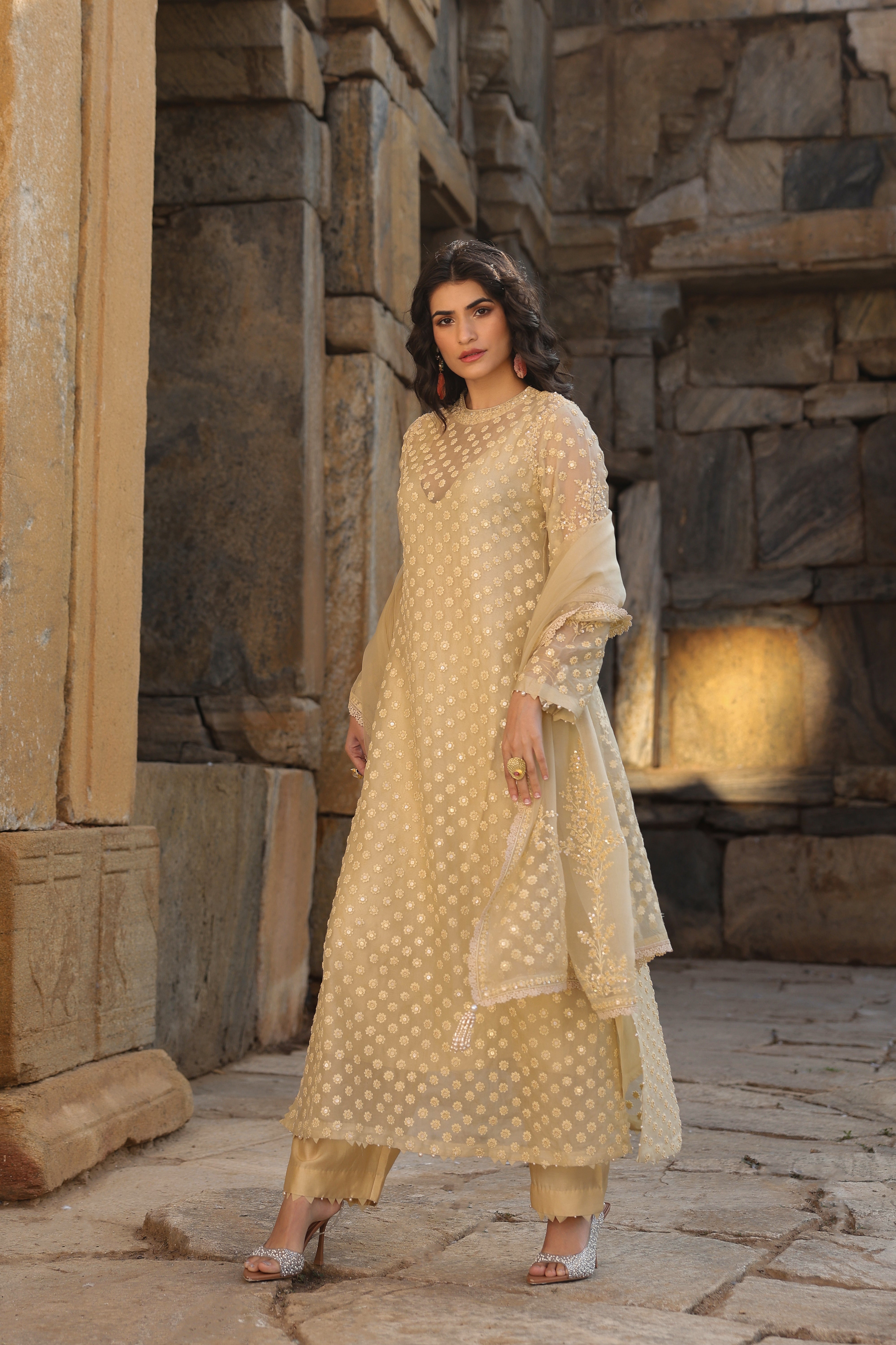 Vaayu Beige Buti Close Neck Kurta Set