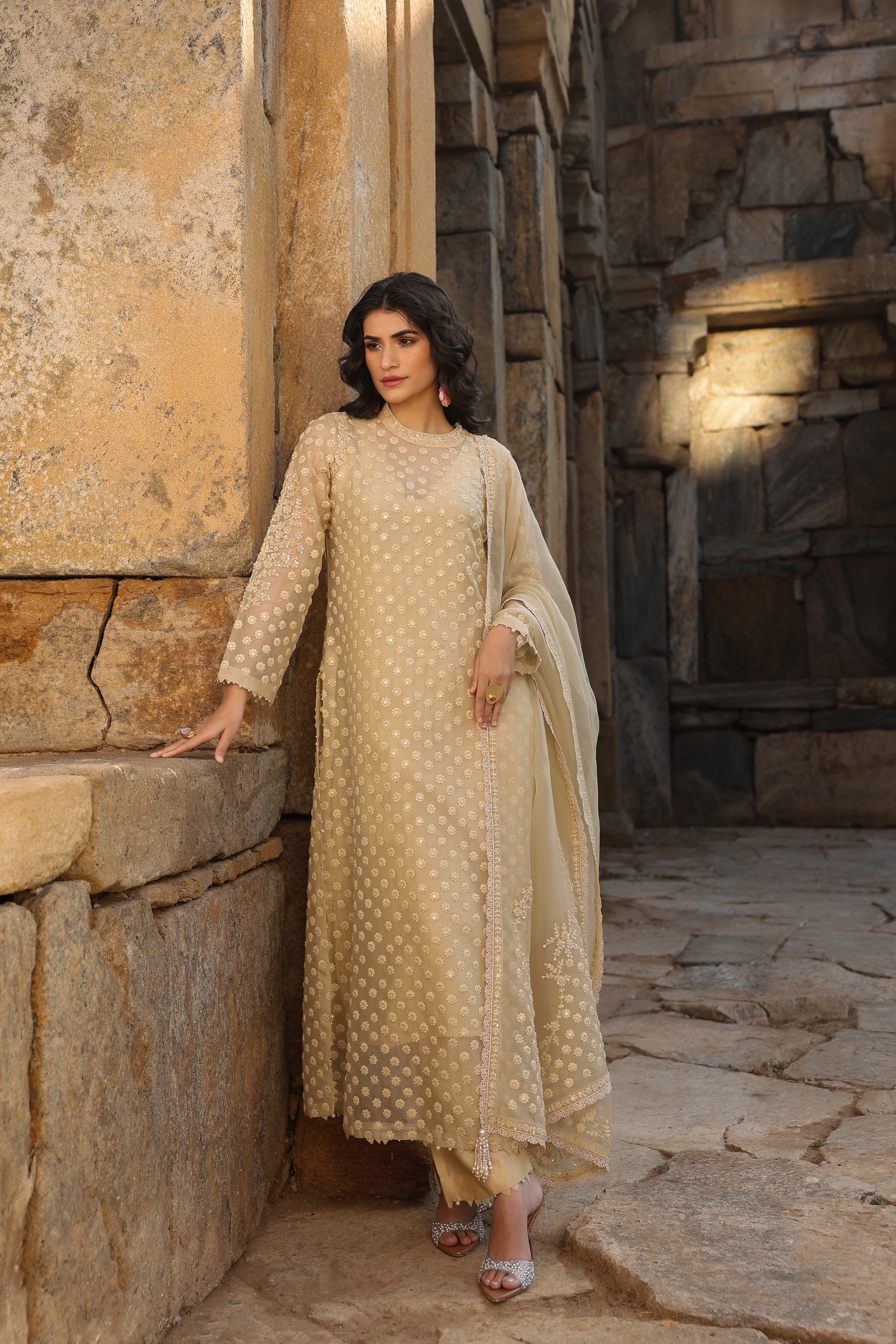 Vaayu Beige Buti Close Neck Kurta Set