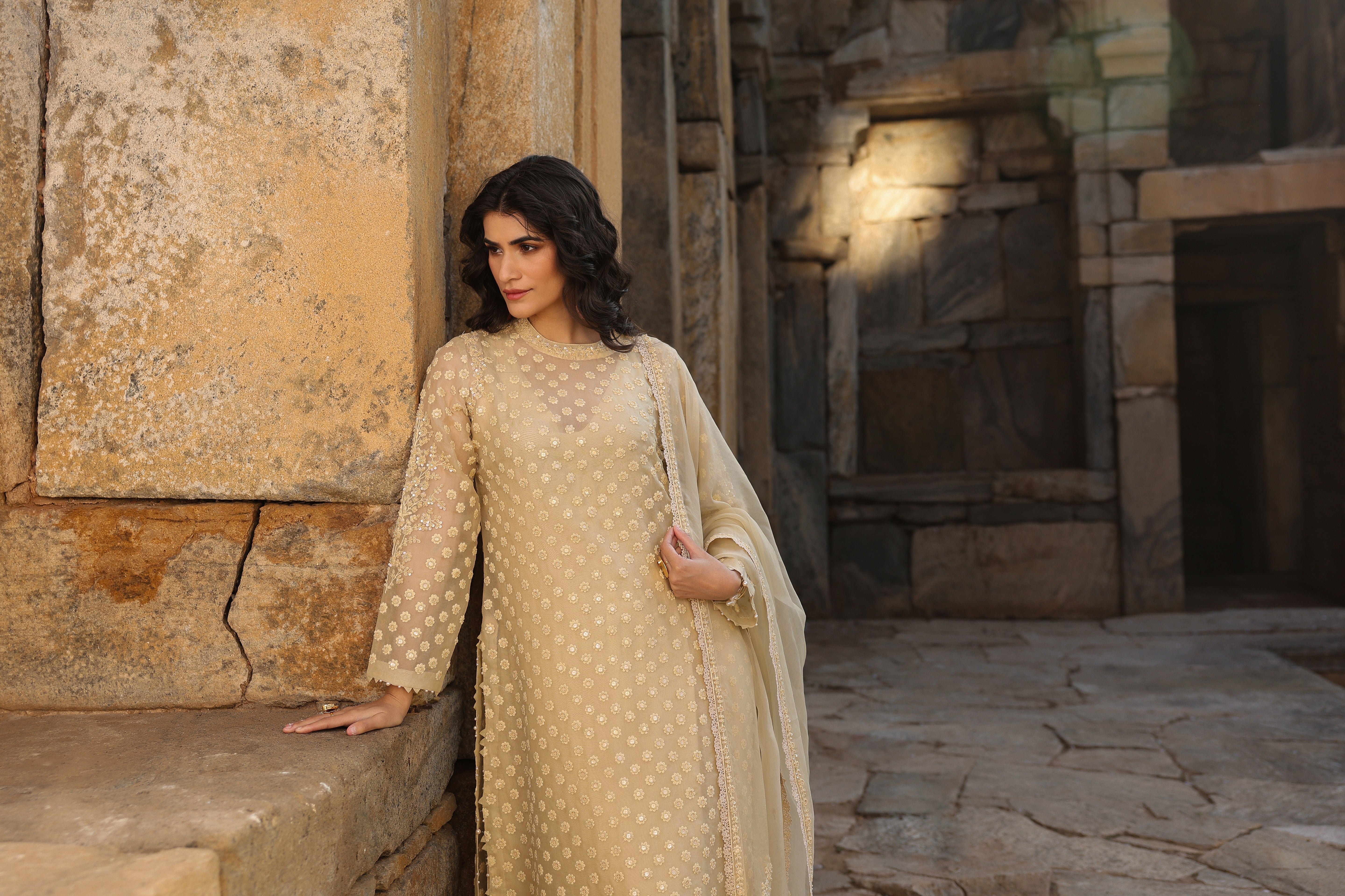 Vaayu Beige Buti Close Neck Kurta Set