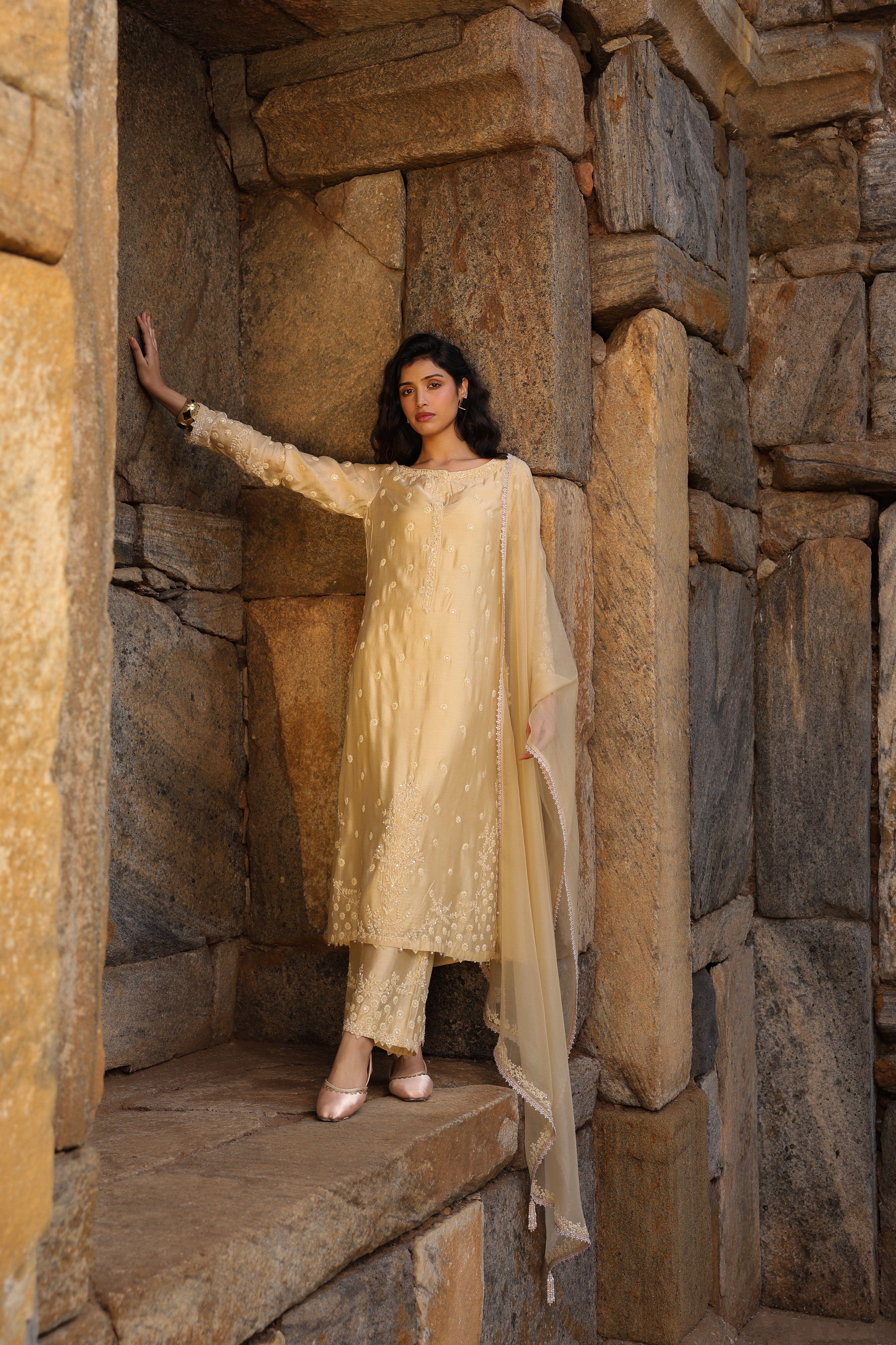 Vaayu Beige Light Buti Kurta Set