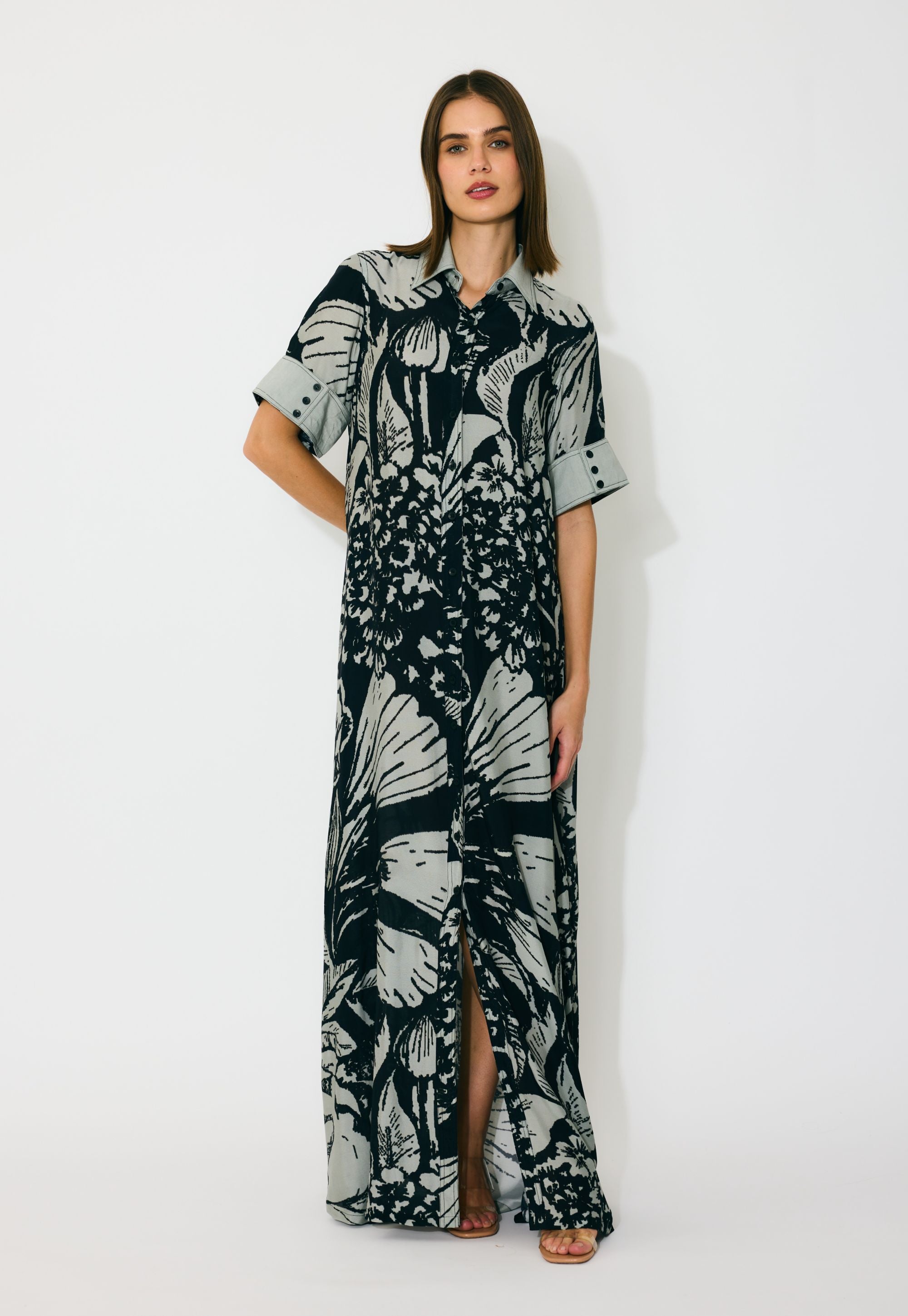 GREY AND BLACK FLORAL SHIRT DRESS