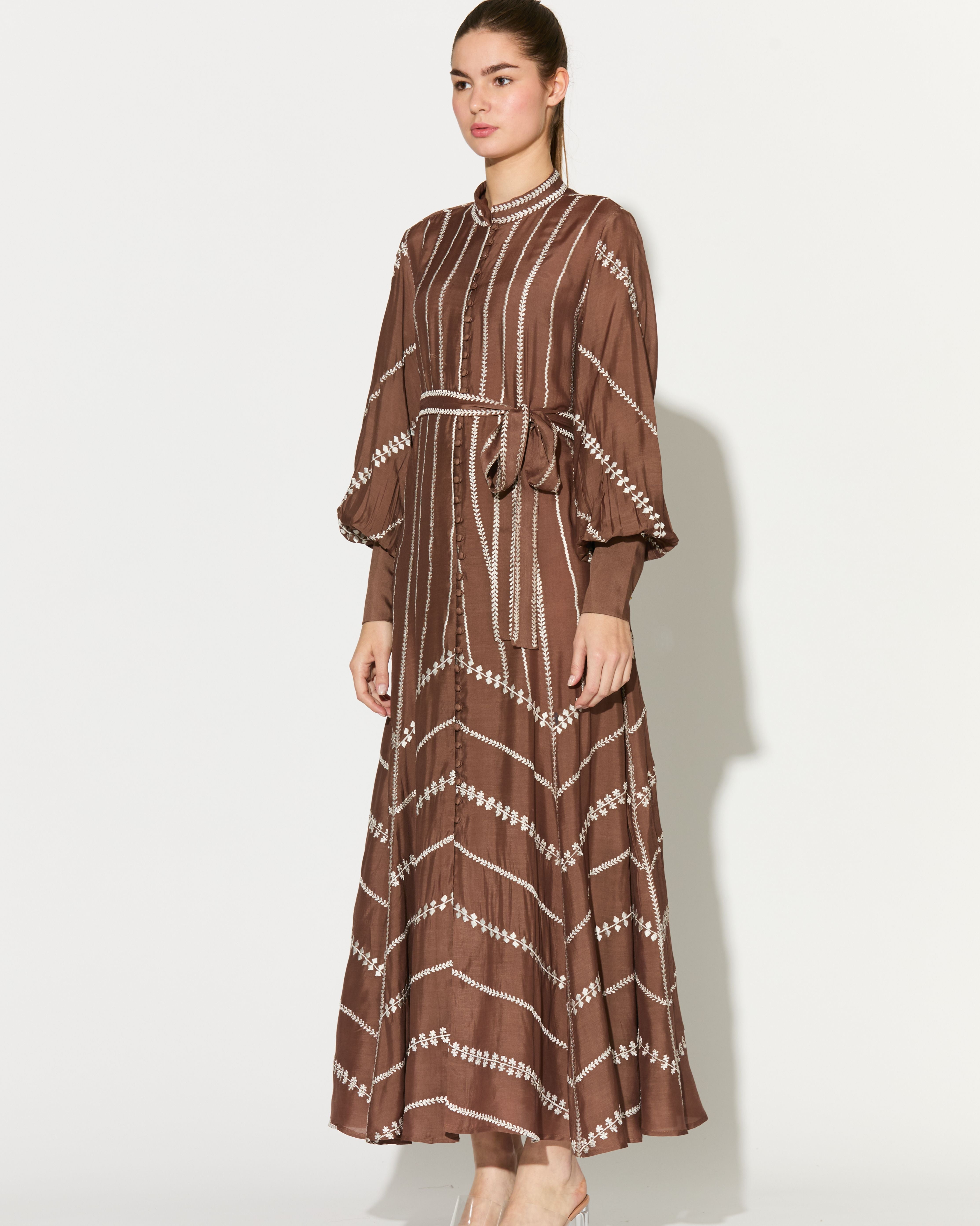 BROWN EMBROIDERED SHIRT DRESS