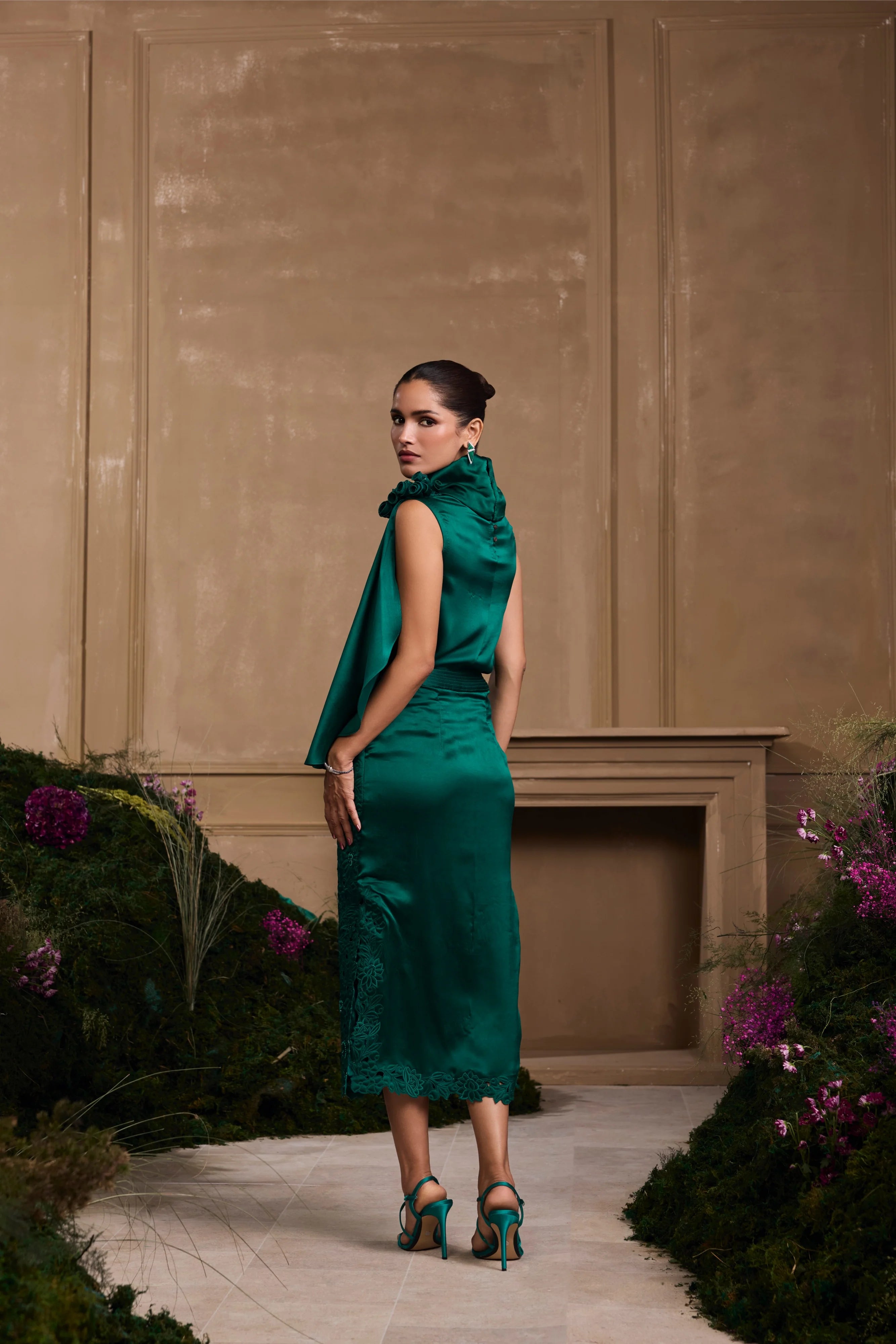 EMERALD GREEN METALLIC QUILTED SKIRT & TOP