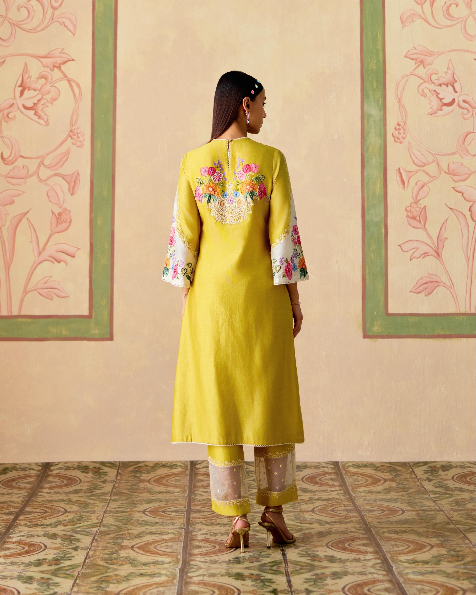 YELLOW AND IVORY EMBROIDERED KURTA WITH SHEER PANEL PANTS