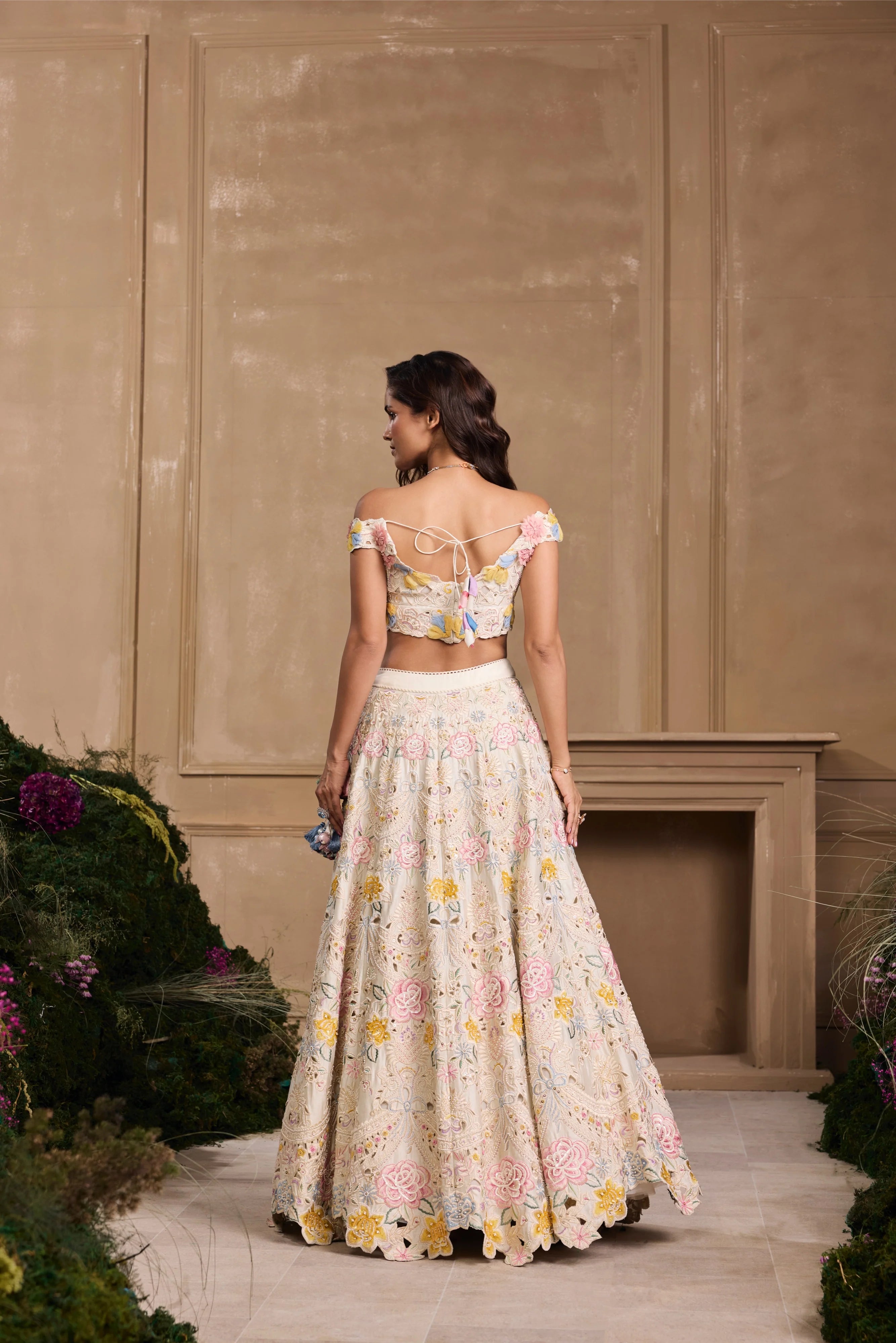 IVORY PASTEL 3D FLORAL APPLIQUE BUSTIER & LEHENGA