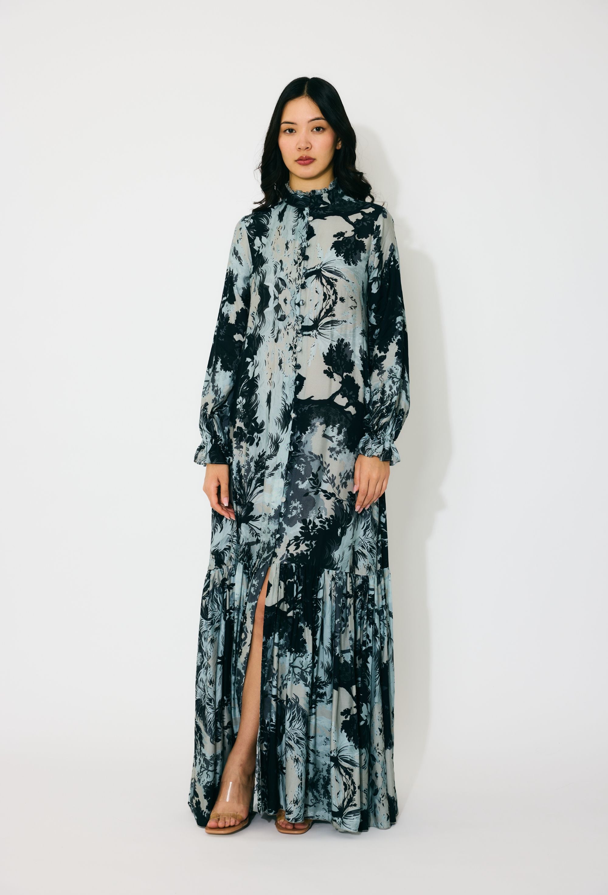 GREY, BLACK AND BEIGE TOILE PRINT LONG SHIRT DRESS