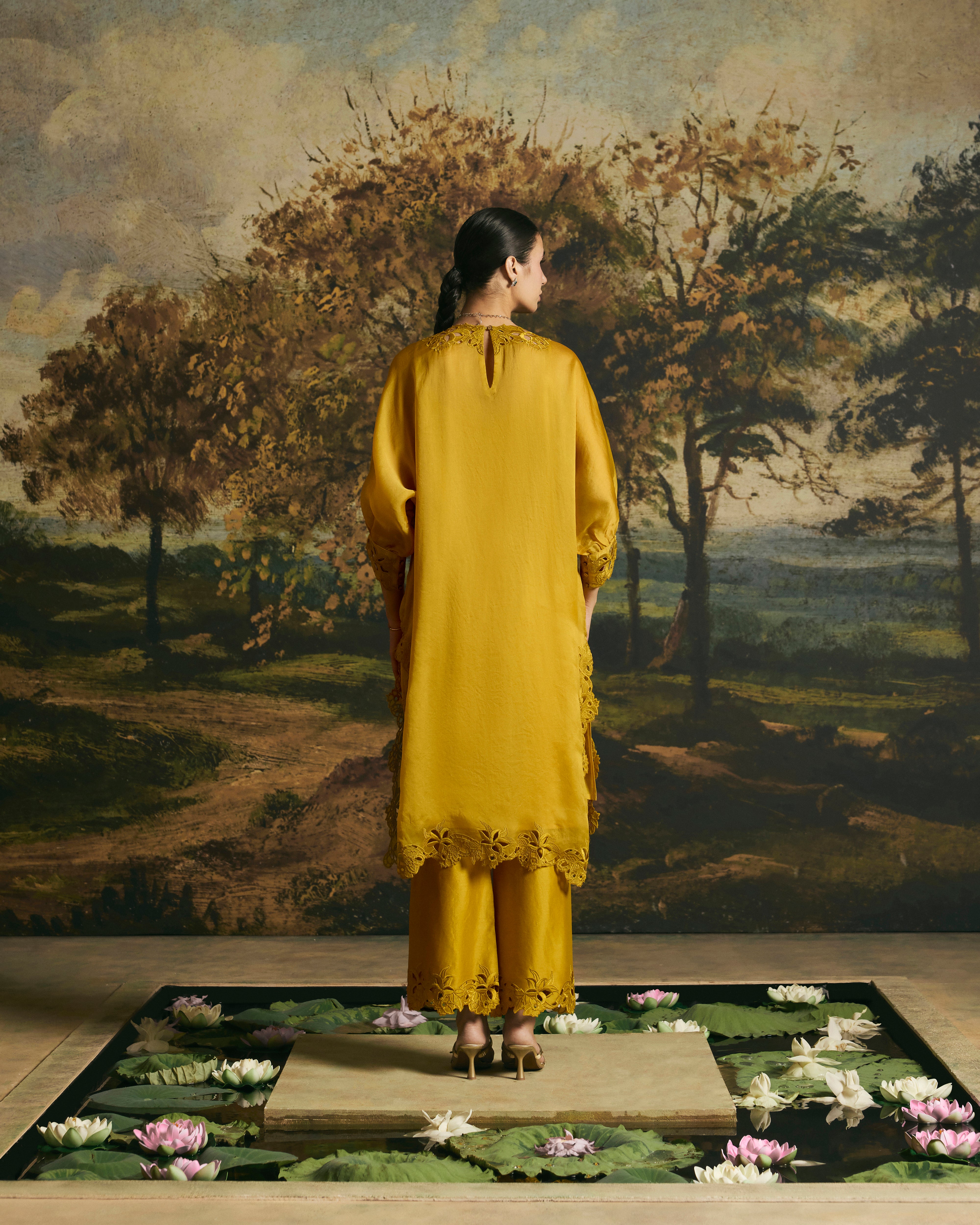 AMBER YELLOW BLOSSOM KIMONO KURTA WITH PANTS