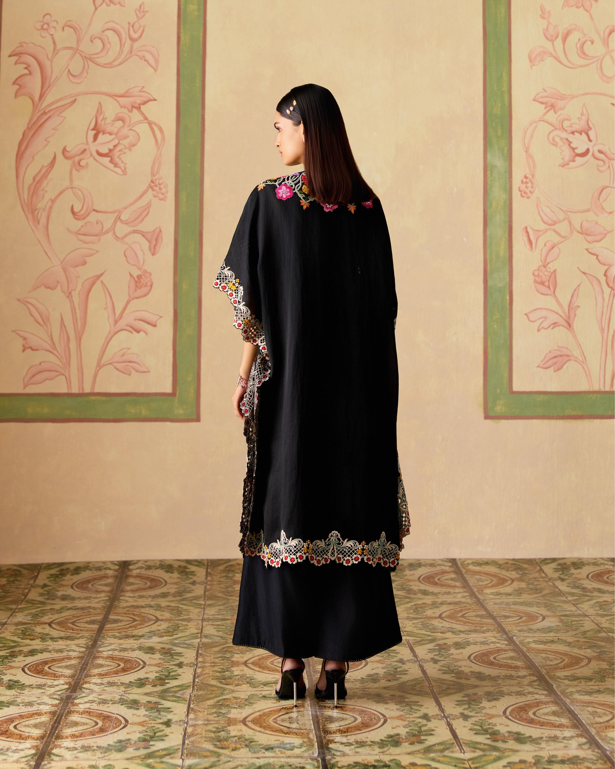 BLACK SHEER APPLIQUE AND BEADWORK PANTS