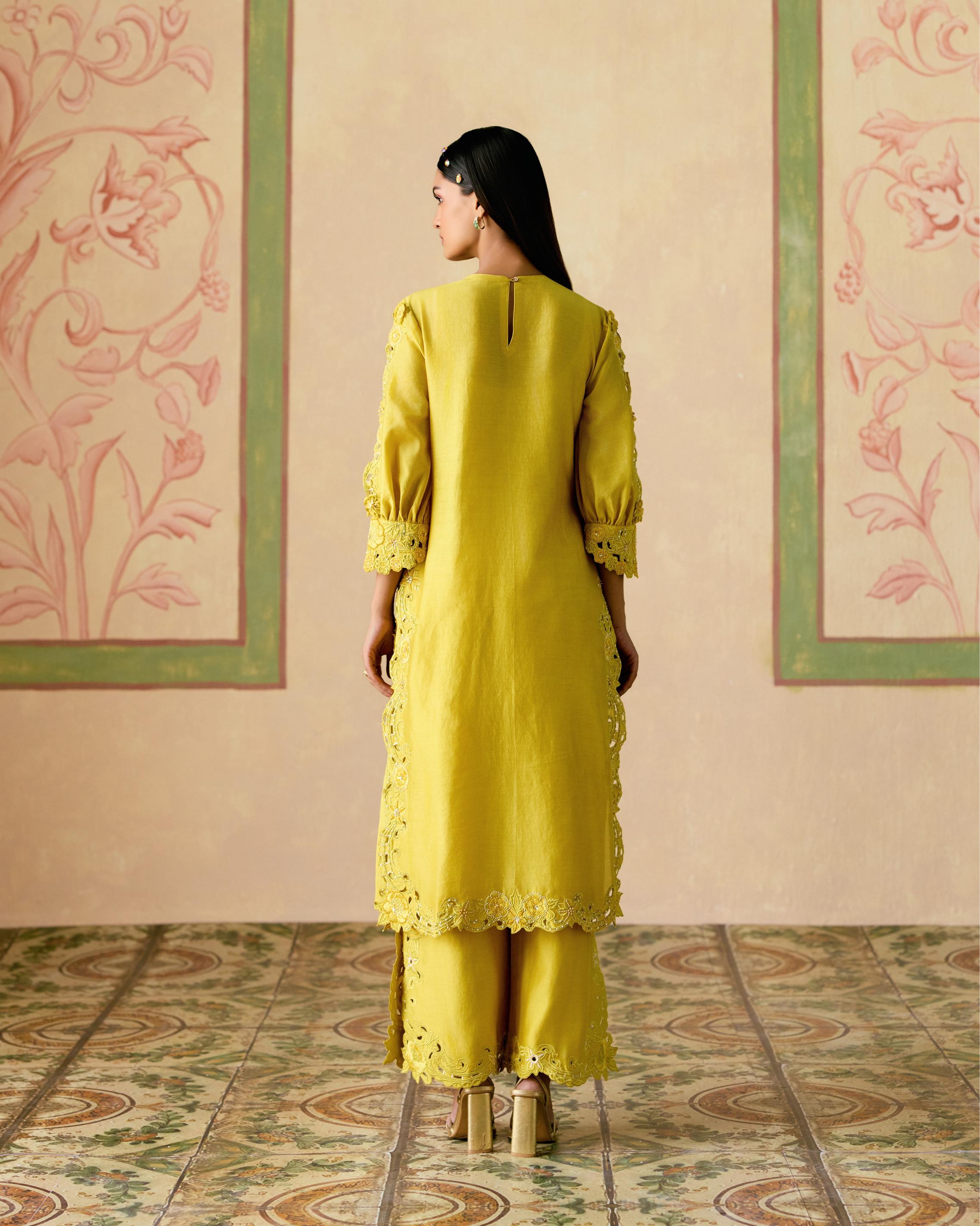 YELLOW CUTWORK AND 3D FLORALS KURTA WITH CUTWORK PANTS