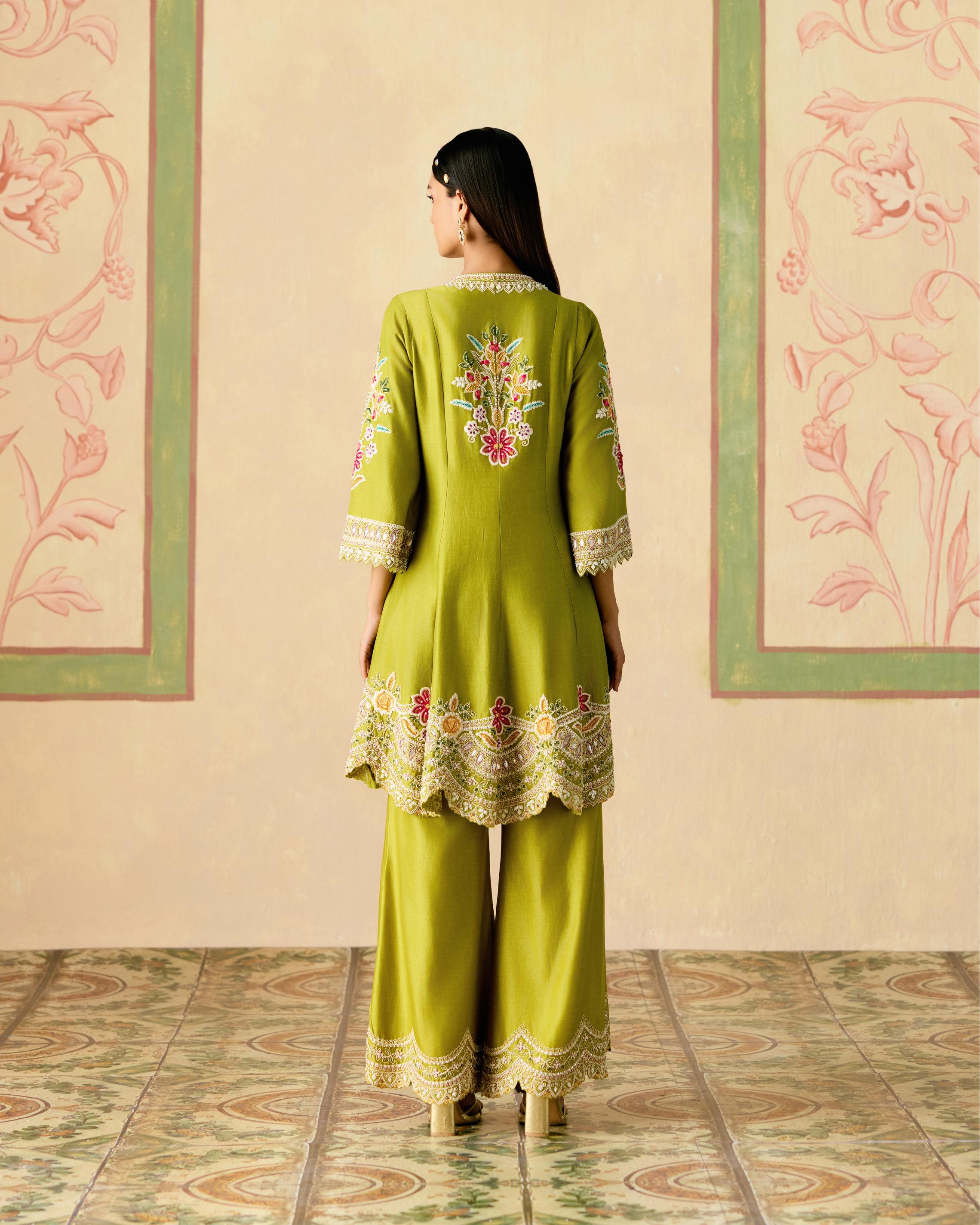 OLIVE CONTRAST CORDWORK FLARED SHORT KURTA WITH BELL BOTTOM PANTS