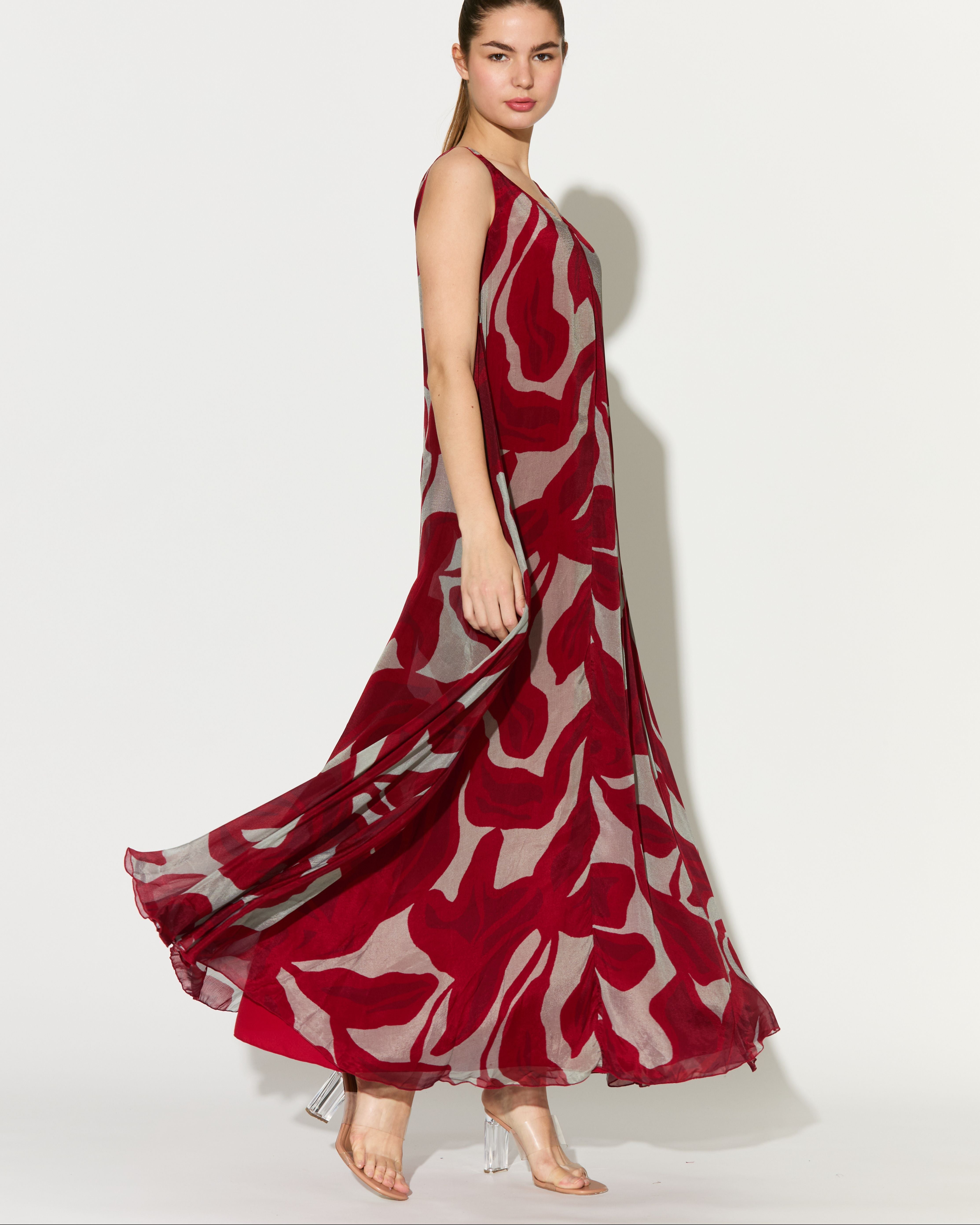 BEIGE AND HOT PINK FLORAL SLEEVELESS LONG DRESS