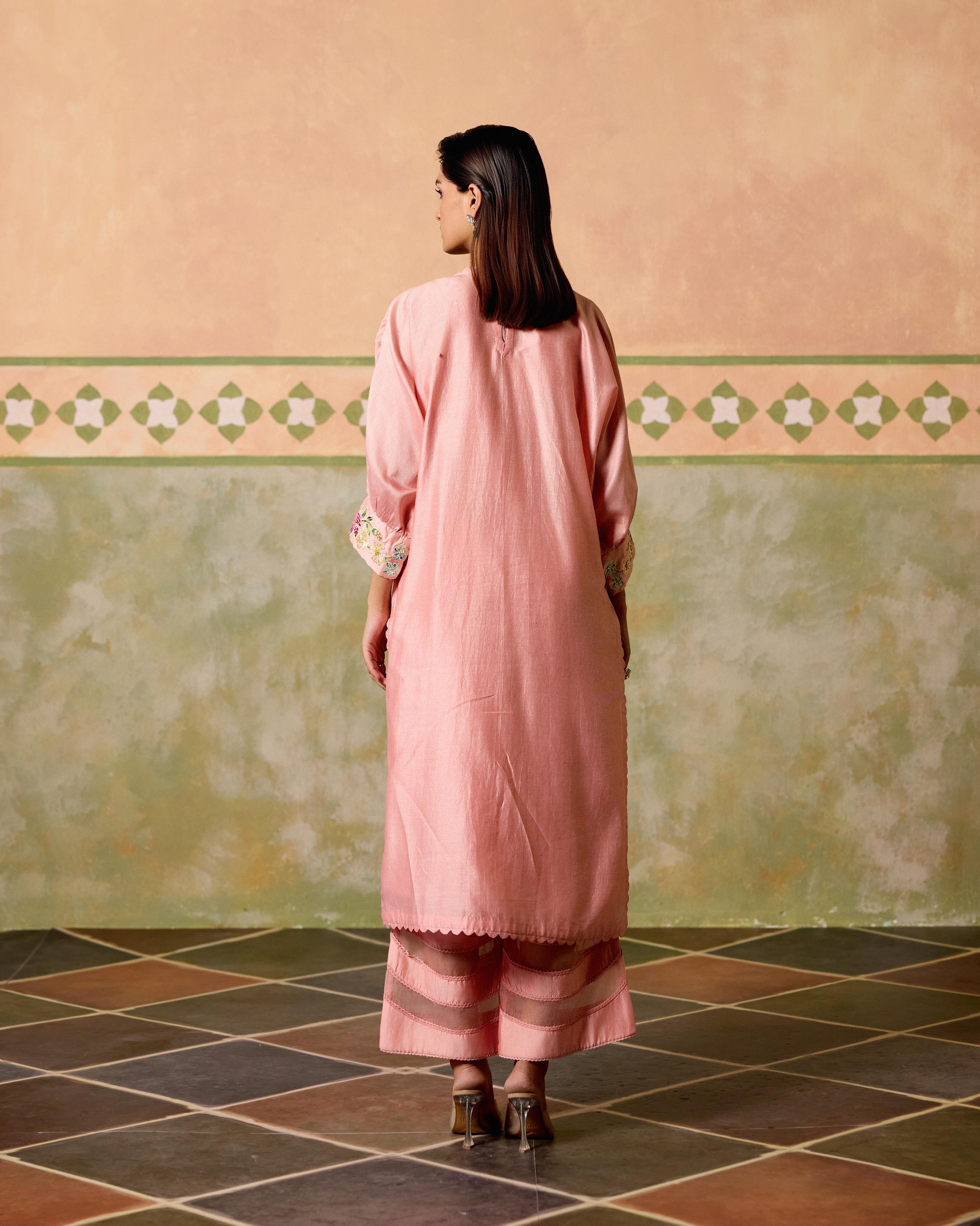 ROSE PINK MOSAIC FLORALS KIMONO KURTA WITH SHEER DETAIL PANTS