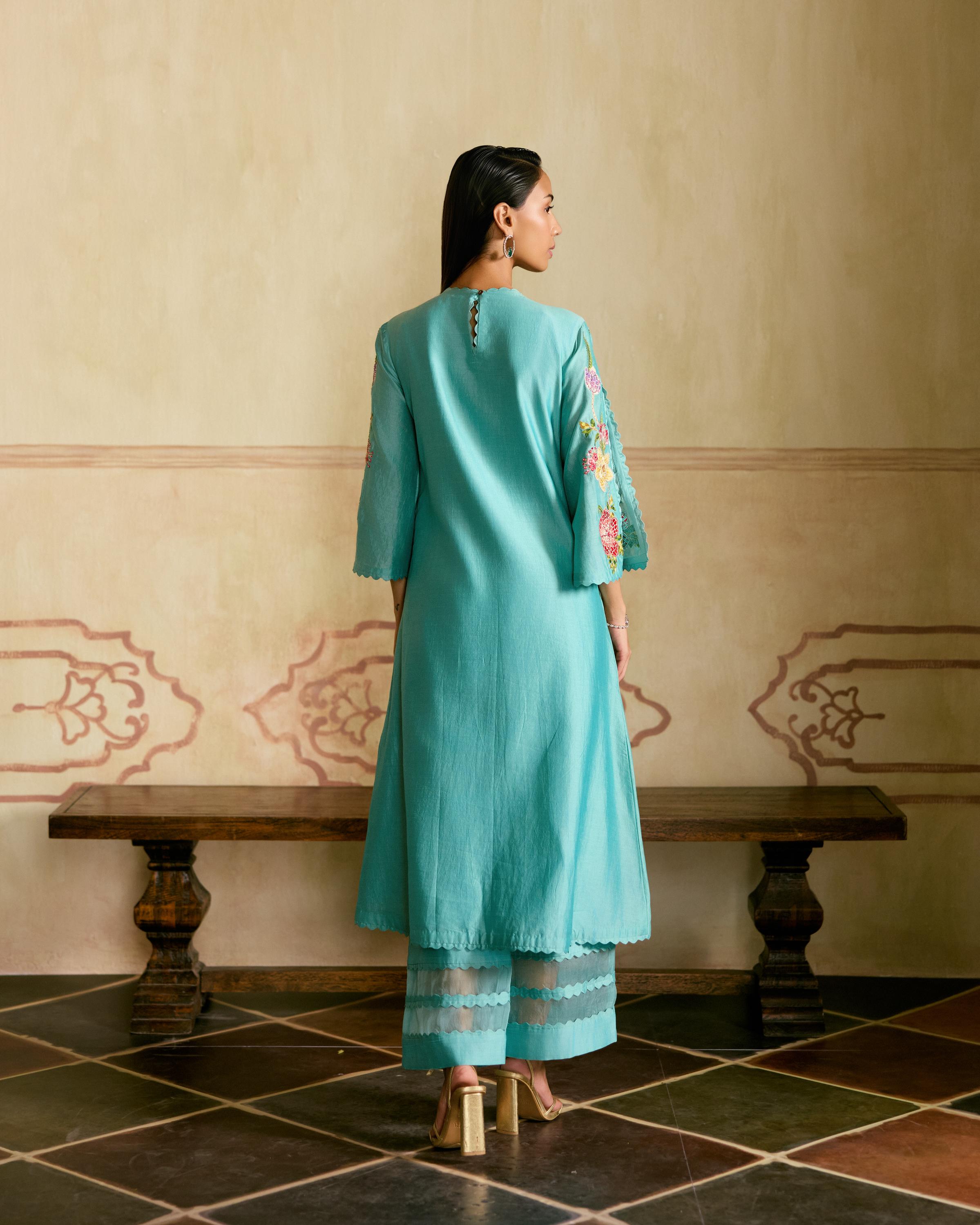 AQUA MOSAIC FLORAL VINES KURTA WITH SHEER DETAIL PANTS