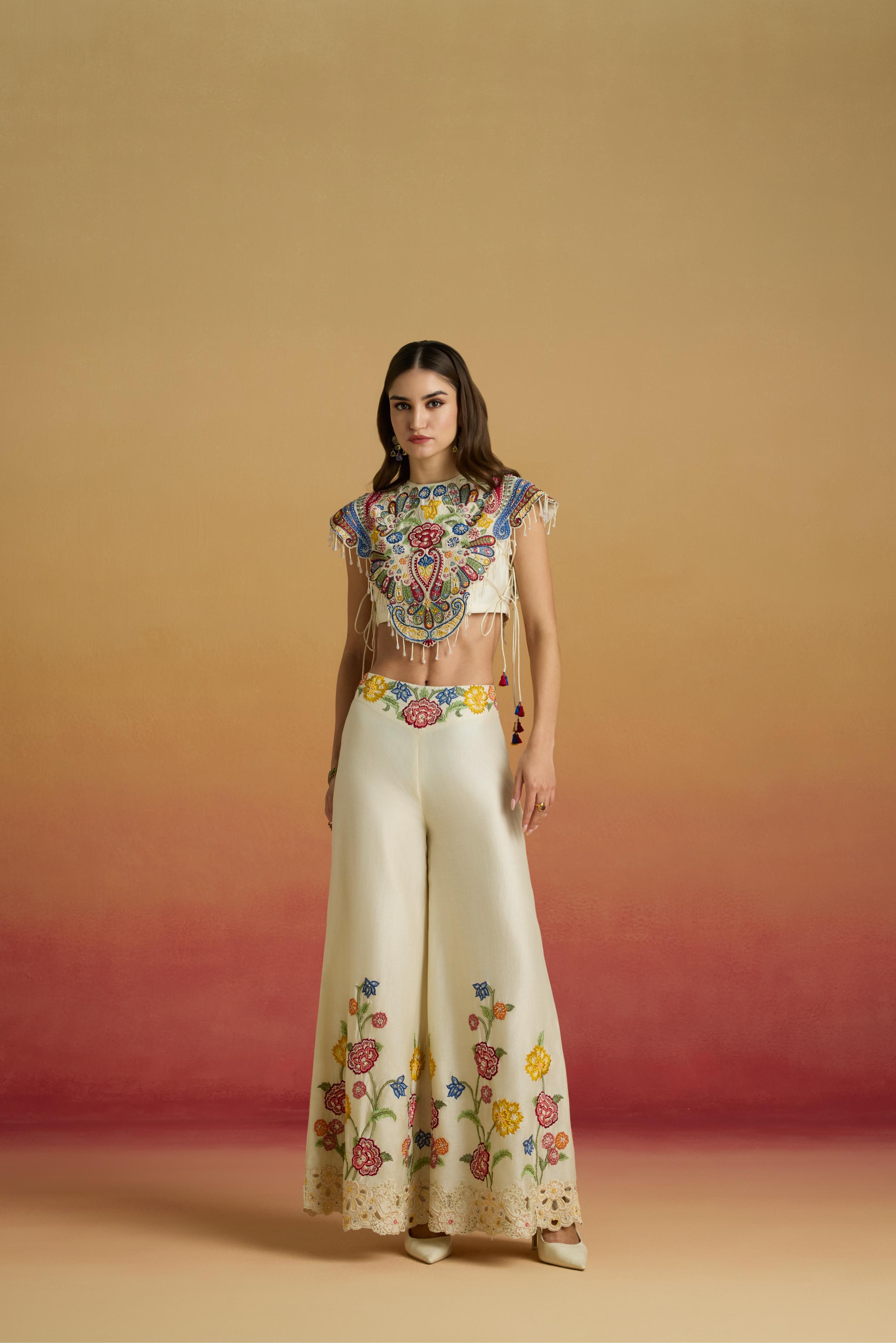 Elegant Ivory Chanderi Yoke Top with Intricate Applique, Threadwork & Beadwork