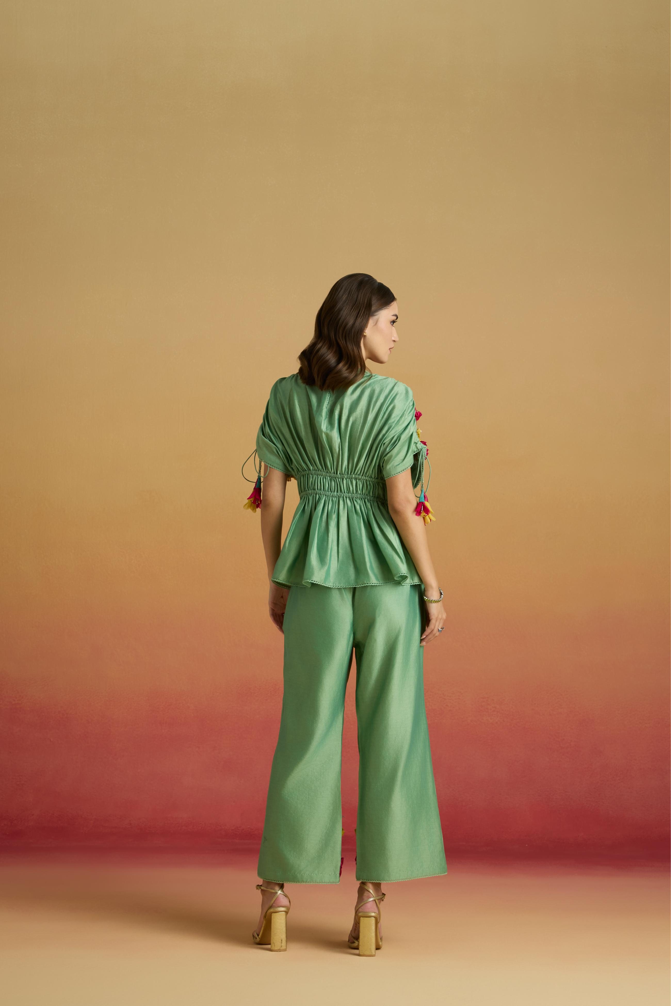 SAGE GREEN 3D FLORAL APPLIQUE PANTS