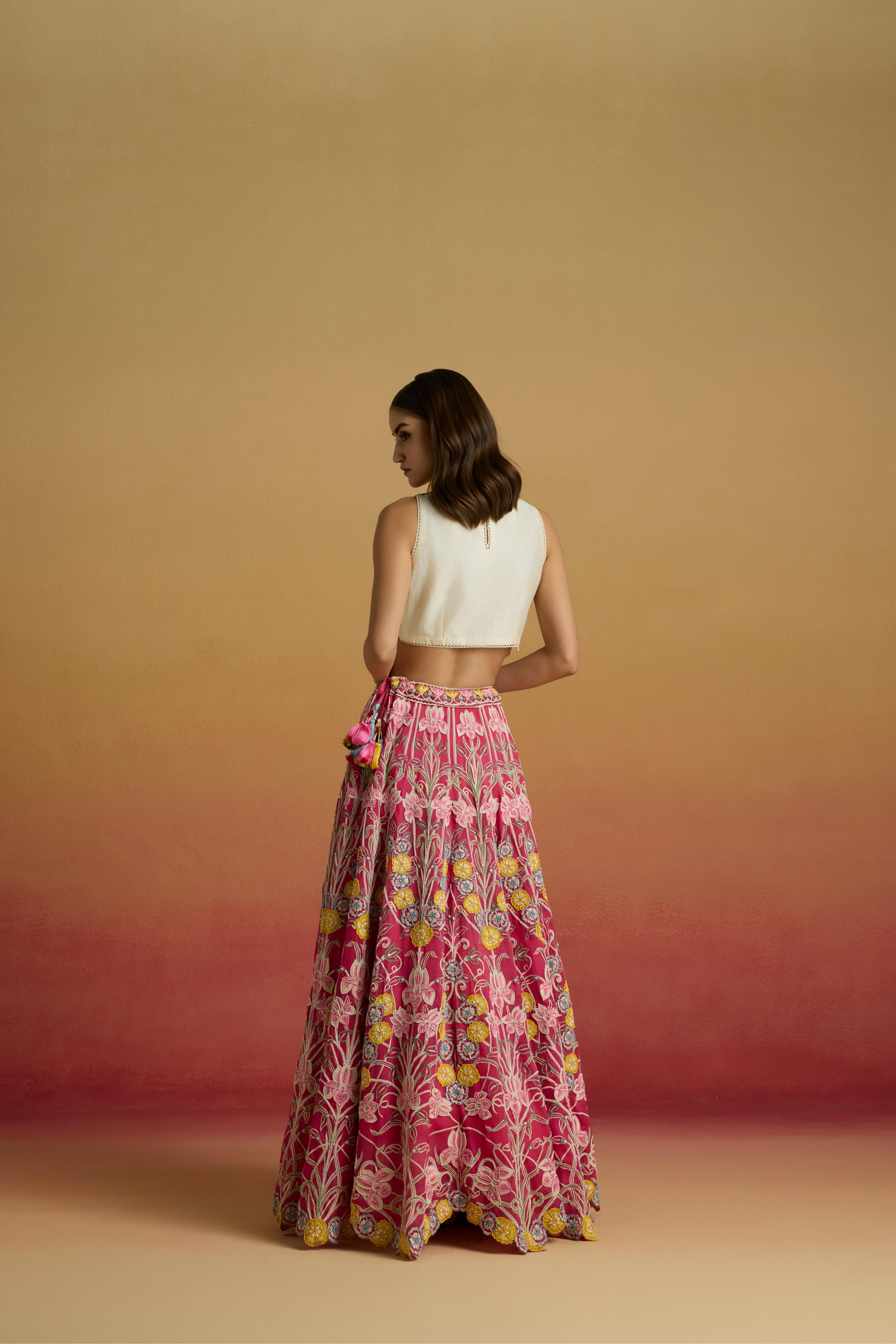 Elegant Ivory Paisley Chanderi Crop Top with Hand Applique Beadwork