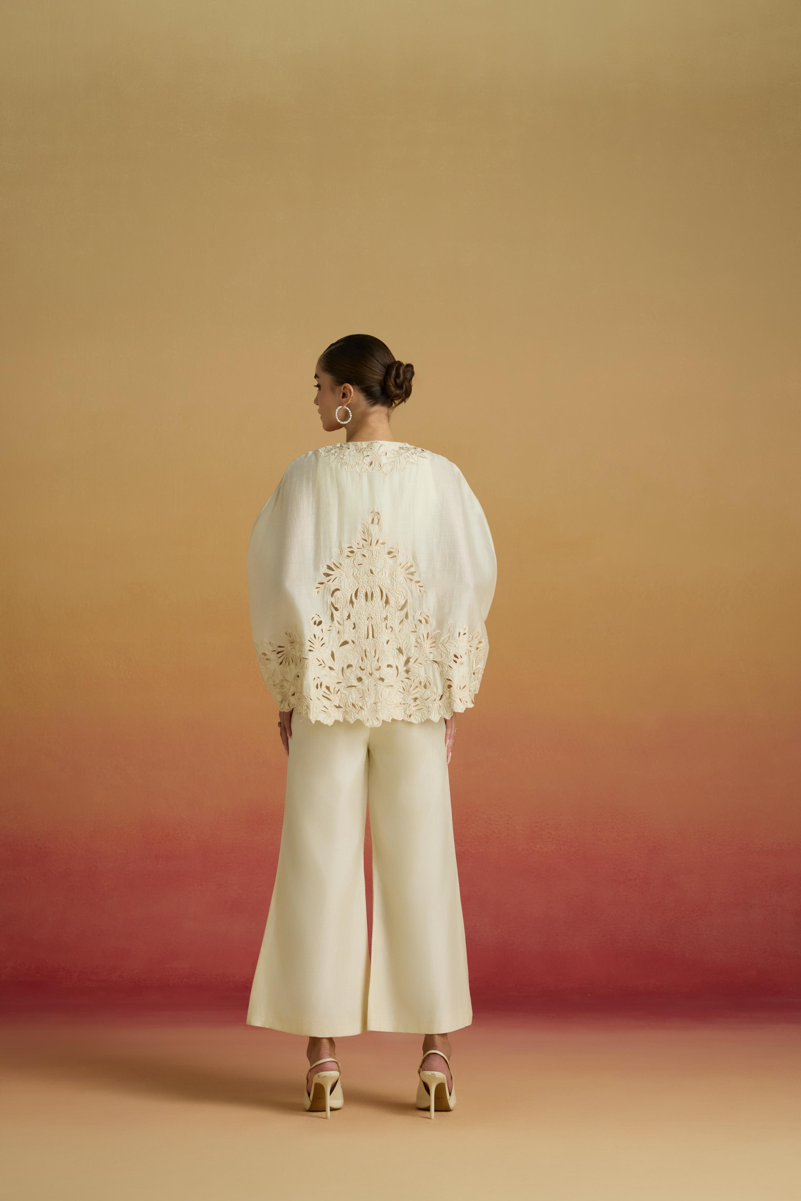 IVORY EMBROIDERED CAPE JUMPSUIT