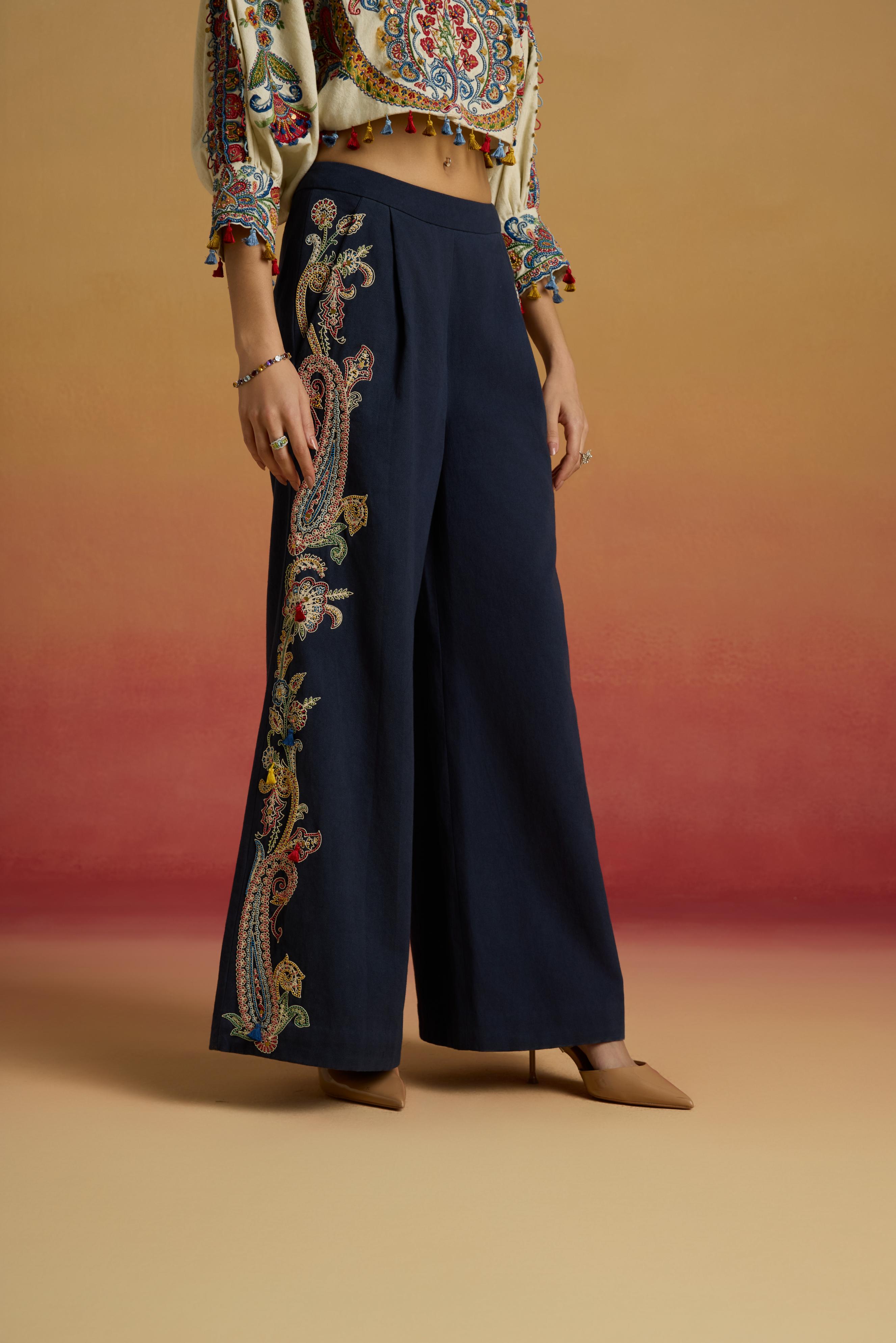 INDIGO CONTRAST PAISLEY FLARED PANTS